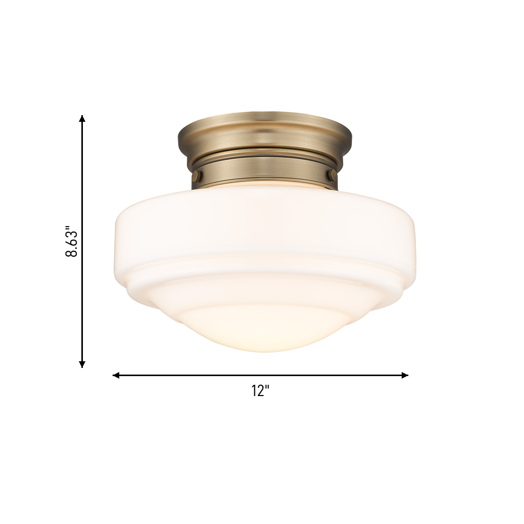 Ingalls 1-light 12in Semi-Flush Mount in Modern Brass and Vintage Milk Glass, dimensions diagram - Golden Lighting
