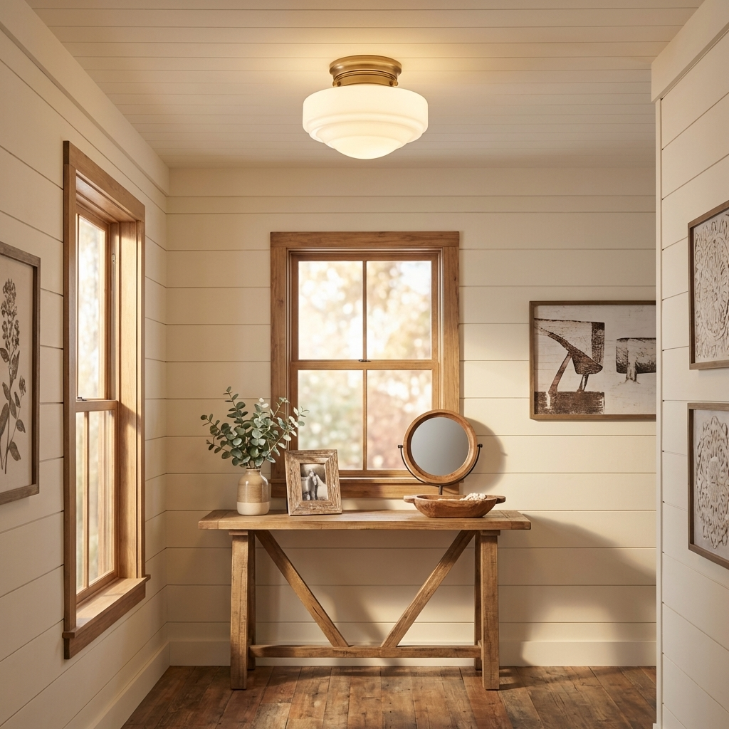 Ingalls 1-light 12in Semi-Flush Mount in Modern Brass and Vintage Milk Glass, alternate view - Golden Lighting