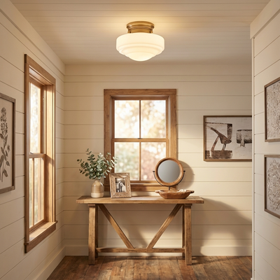 Ingalls 1-light 12in Semi-Flush Mount in Modern Brass and Vintage Milk Glass, alternate view - Golden Lighting