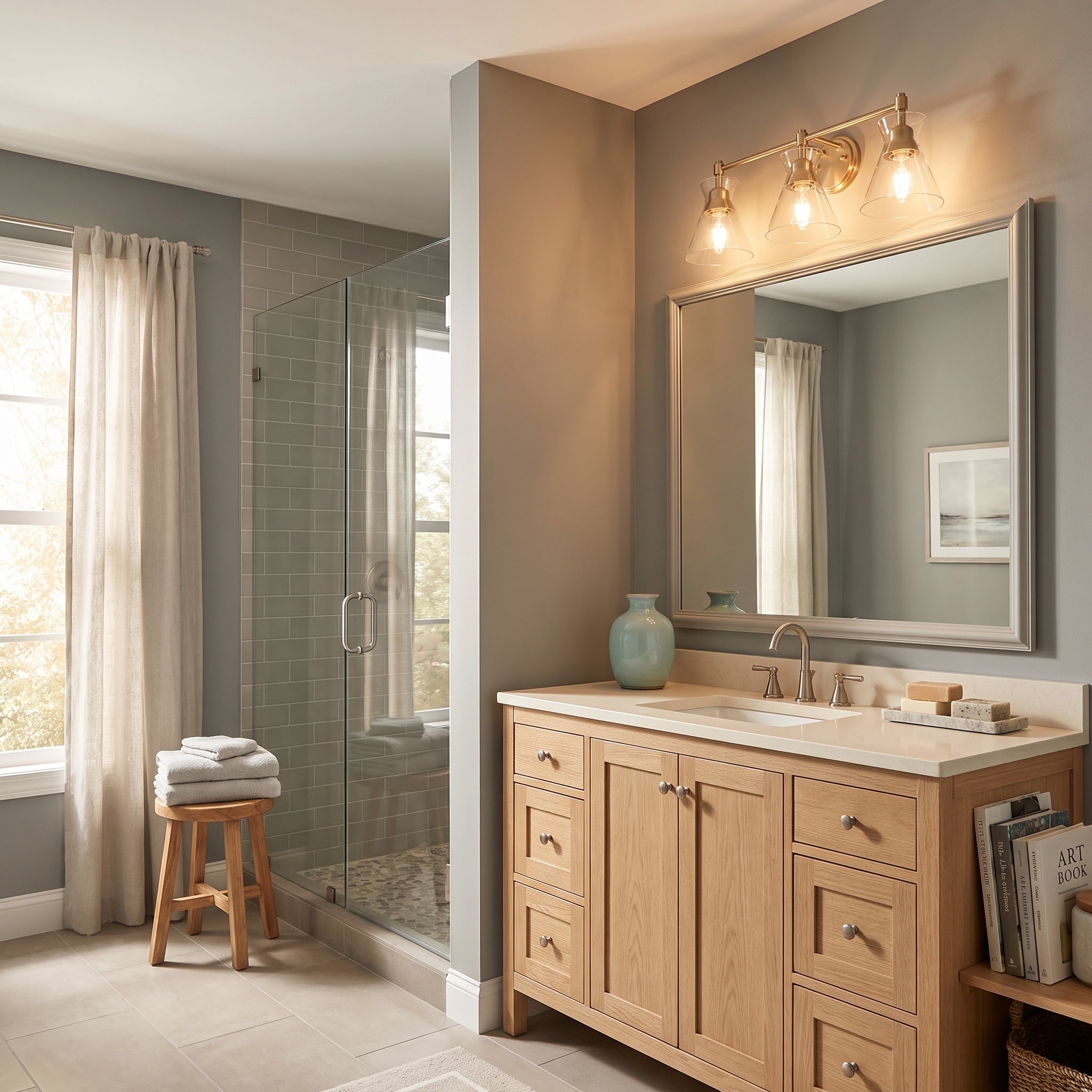 Malta 3-light Vanity in Brushed Champagne Brass, AI-visualized bathroom scene - Golden Lighting