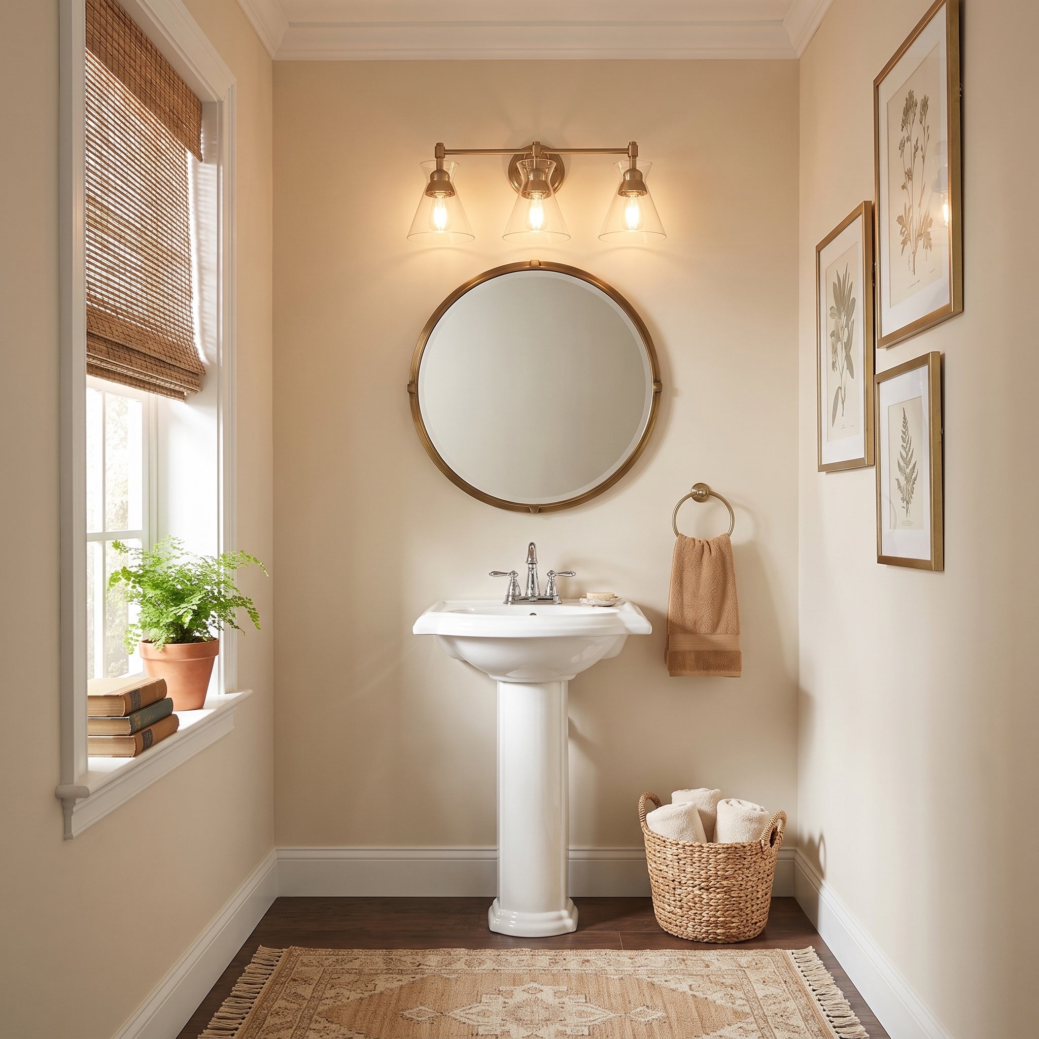 Malta 3-light Vanity in Brushed Champagne Brass, AI-visualized powder room scene - Golden Lighting