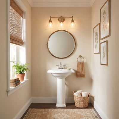 Malta 3-light Vanity in Brushed Champagne Brass, AI-visualized powder room scene - Golden Lighting