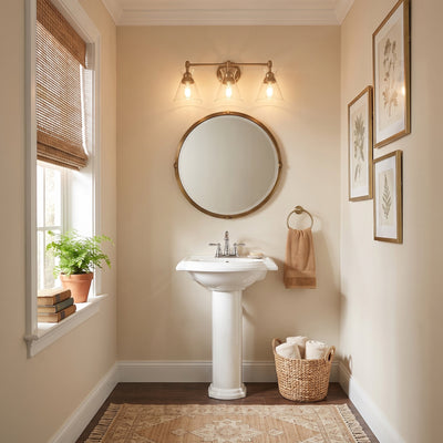 Malta 3-light Vanity in Brushed Champagne Brass, AI-visualized powder room scene - Golden Lighting