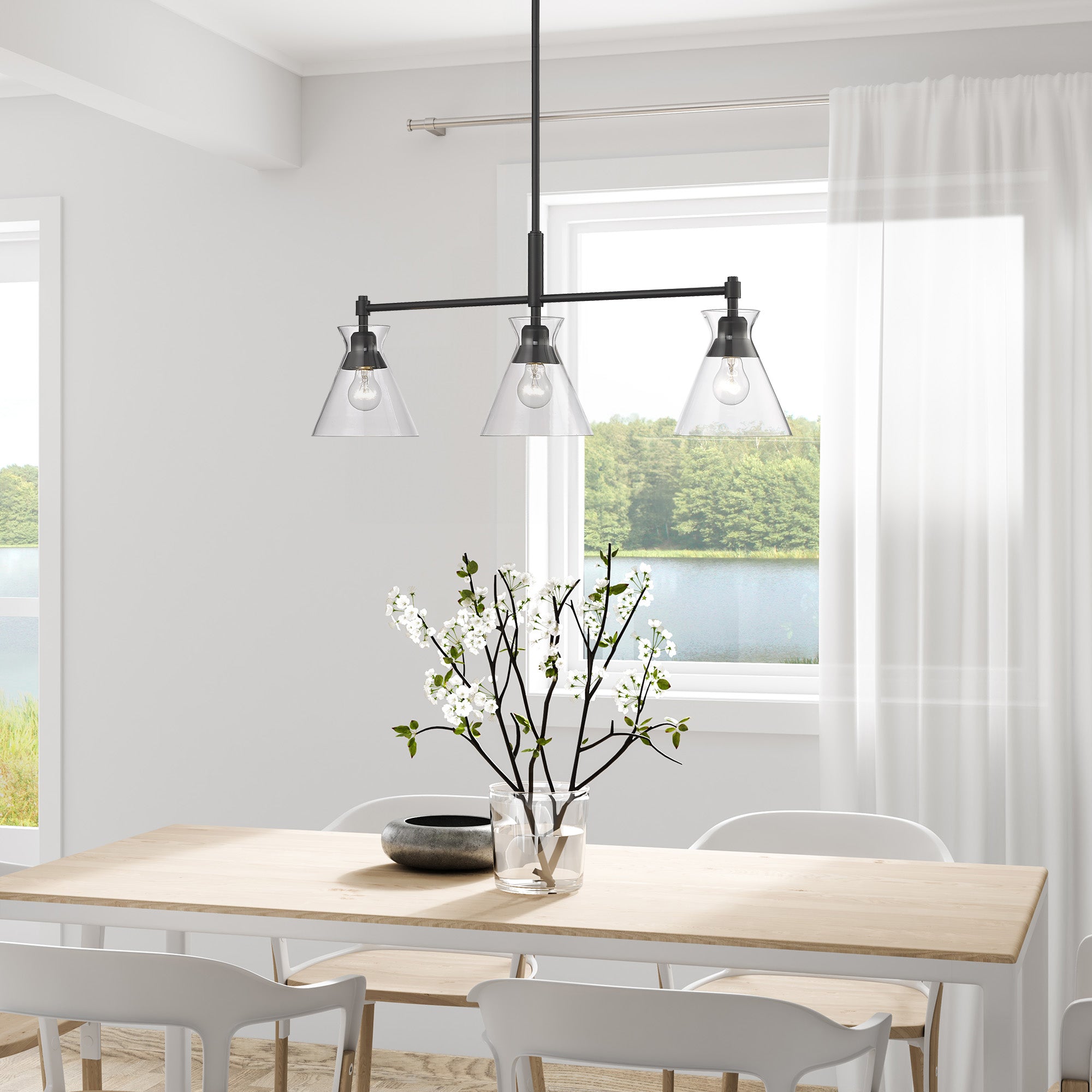 Malta Linear Pendant in Matte Black with Clear Glass Shade - Incandescent,Type A / 3 x 60W(M) / 34"L x 7.125"W x 13"H - Golden Lighting