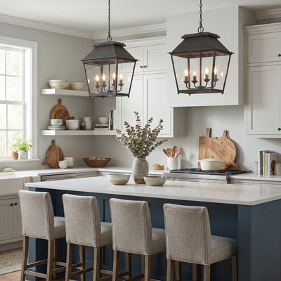 Abingdon 4-light Pendant in Antique Black Iron, AI-visualized kitchen scene - Golden Lighting