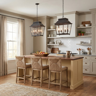 Abingdon 4-light Pendant in Antique Black Iron, AI-visualized kitchen scene - Golden Lighting