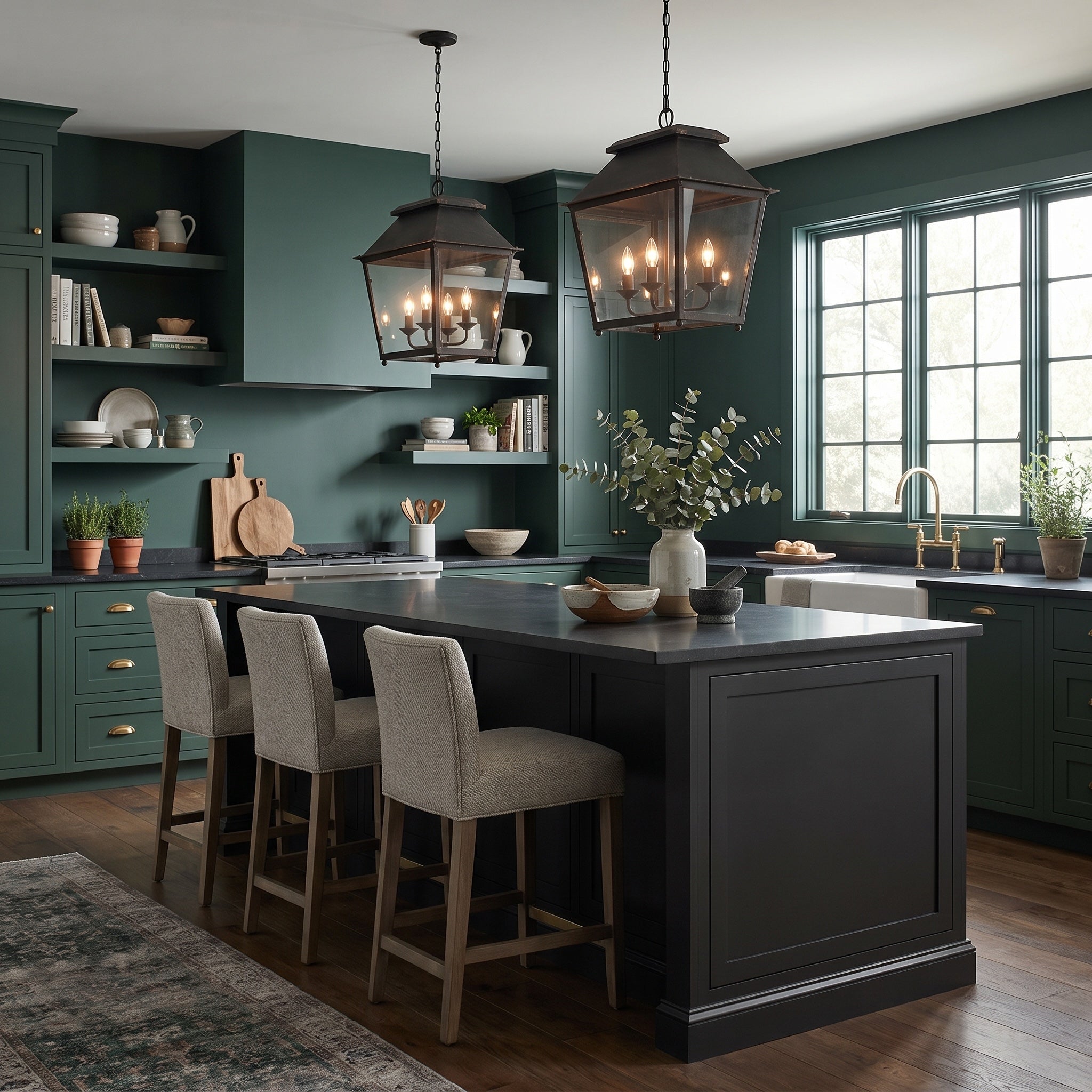 Abingdon 4-light Pendant in Antique Black Iron, AI-visualized kitchen scene - Golden Lighting