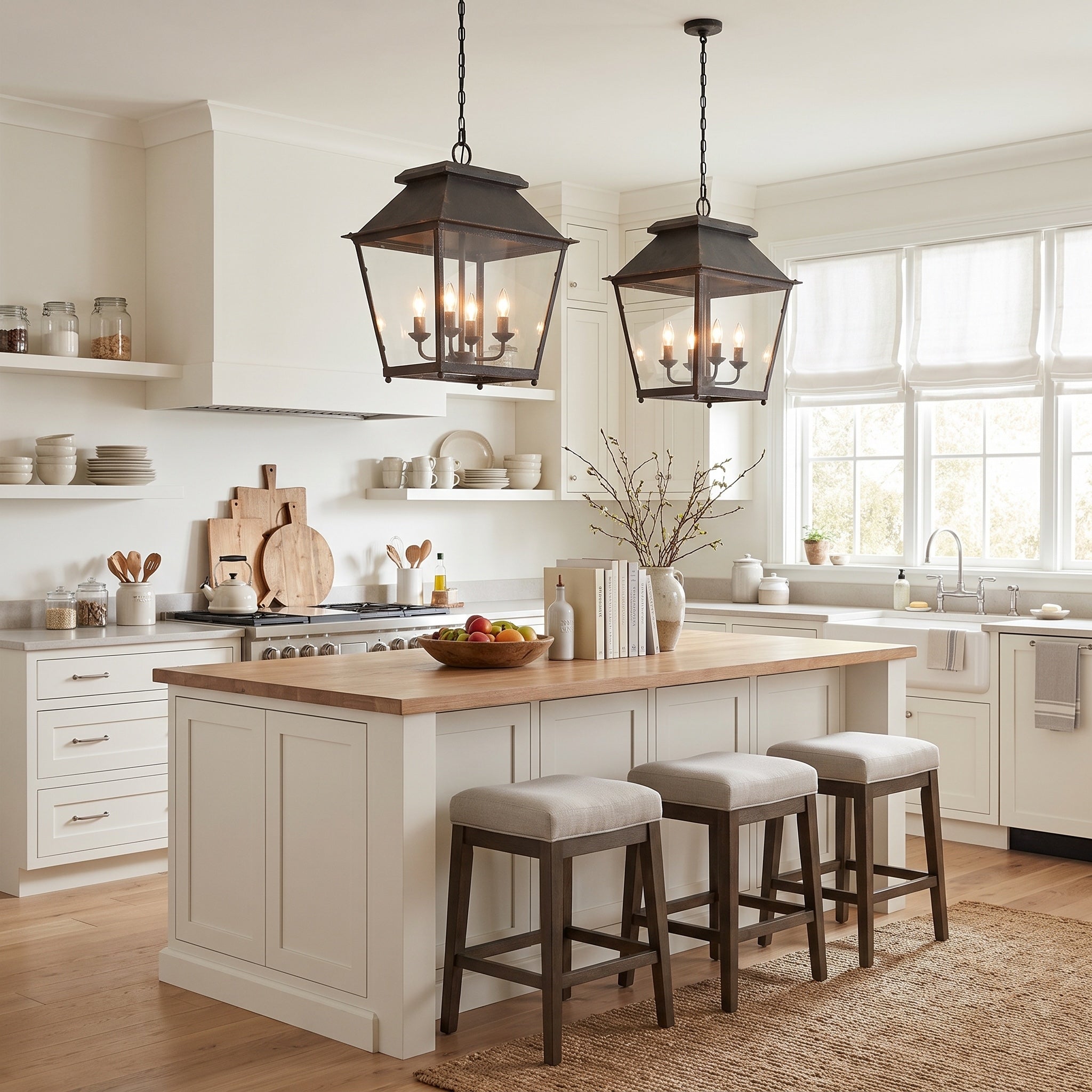 Abingdon 4-light Pendant in Antique Black Iron, AI-visualized kitchen scene - Golden Lighting