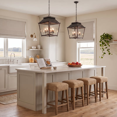 Abingdon 6-light Pendant in Antique Black Iron, AI-visualized kitchen scene - Golden Lighting