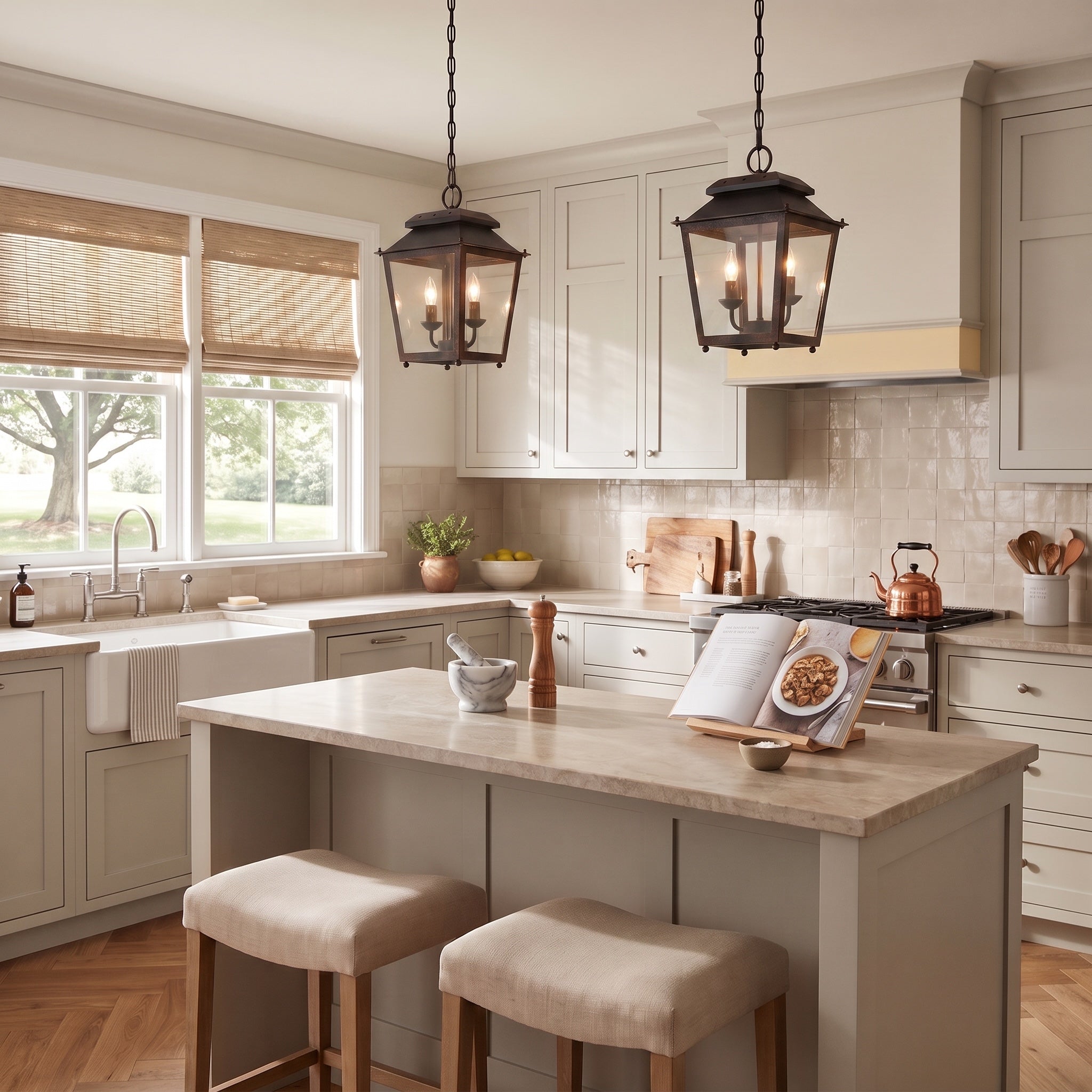 Abingdon 2-light Pendant in Antique Black Iron, AI-visualized kitchen scene - Golden Lighting