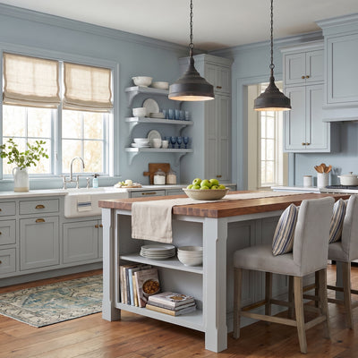 Keating 3-light Pendant in Antique Black Iron, AI-visualized kitchen scene - Golden Lighting