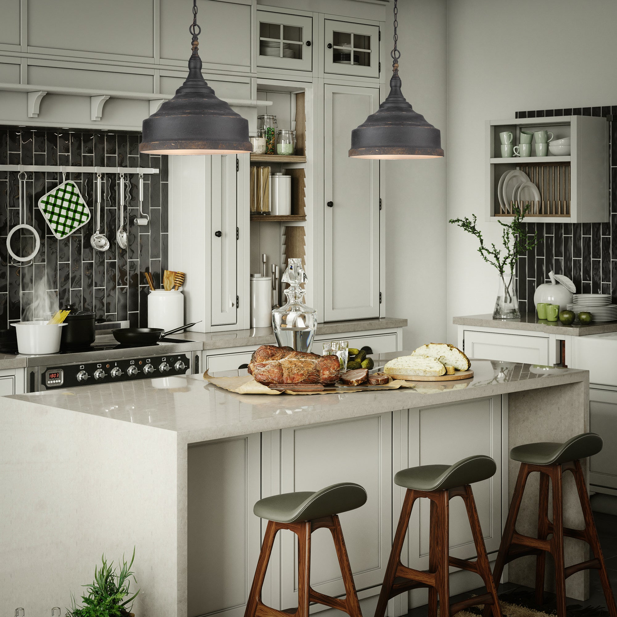 Keating 3 Light Pendant in Antique Black Iron - Default Title - Golden Lighting