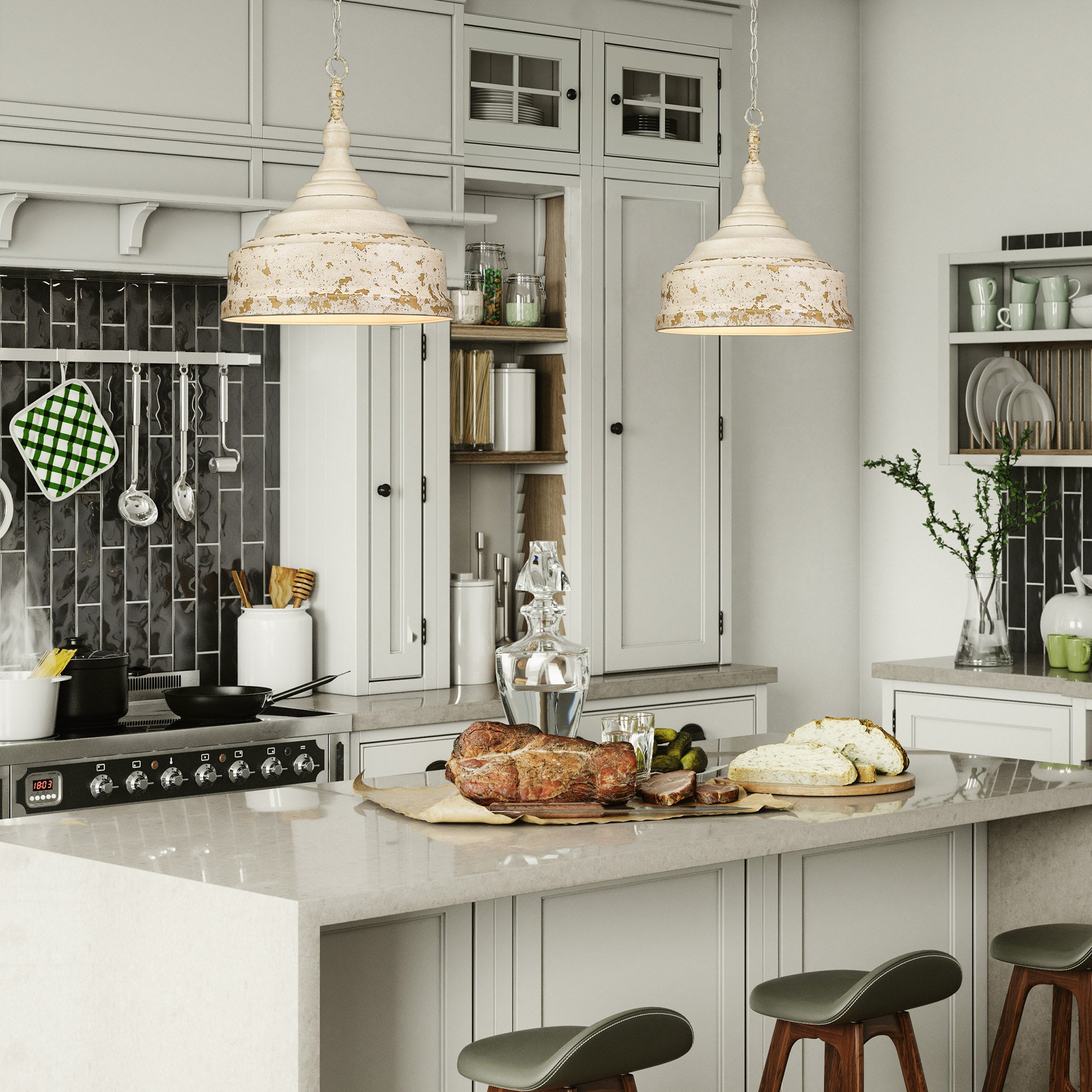 Keating 3 Light Pendant in Antique Ivory - Incandescent,Type A / 3 x 60W(M) / 16.5"L x 16.5"W x 19.75"H - Golden Lighting