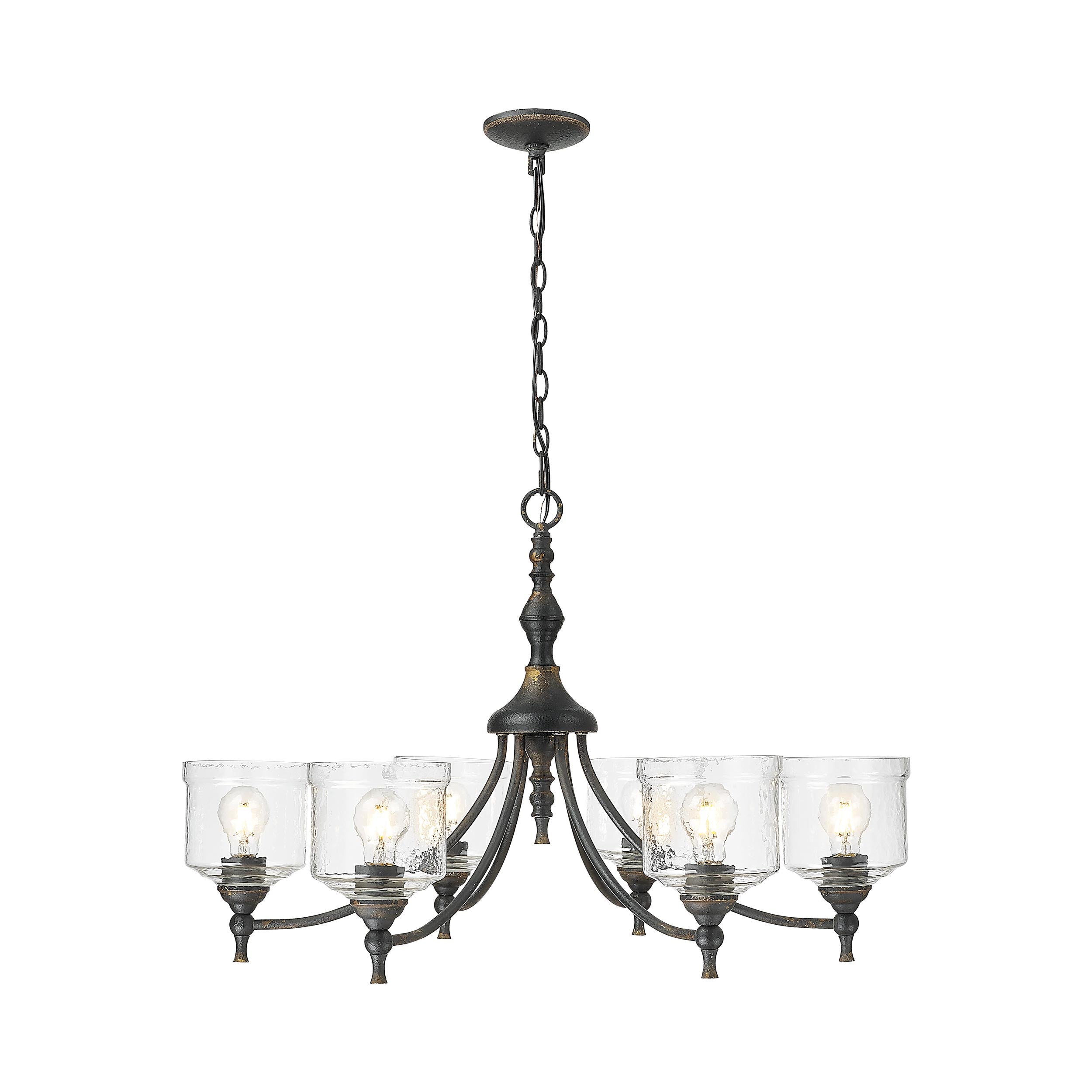 Keating 6 Light Chandelier in Antique Black Iron with Hammered Water Glass Shade - - Golden Lighting