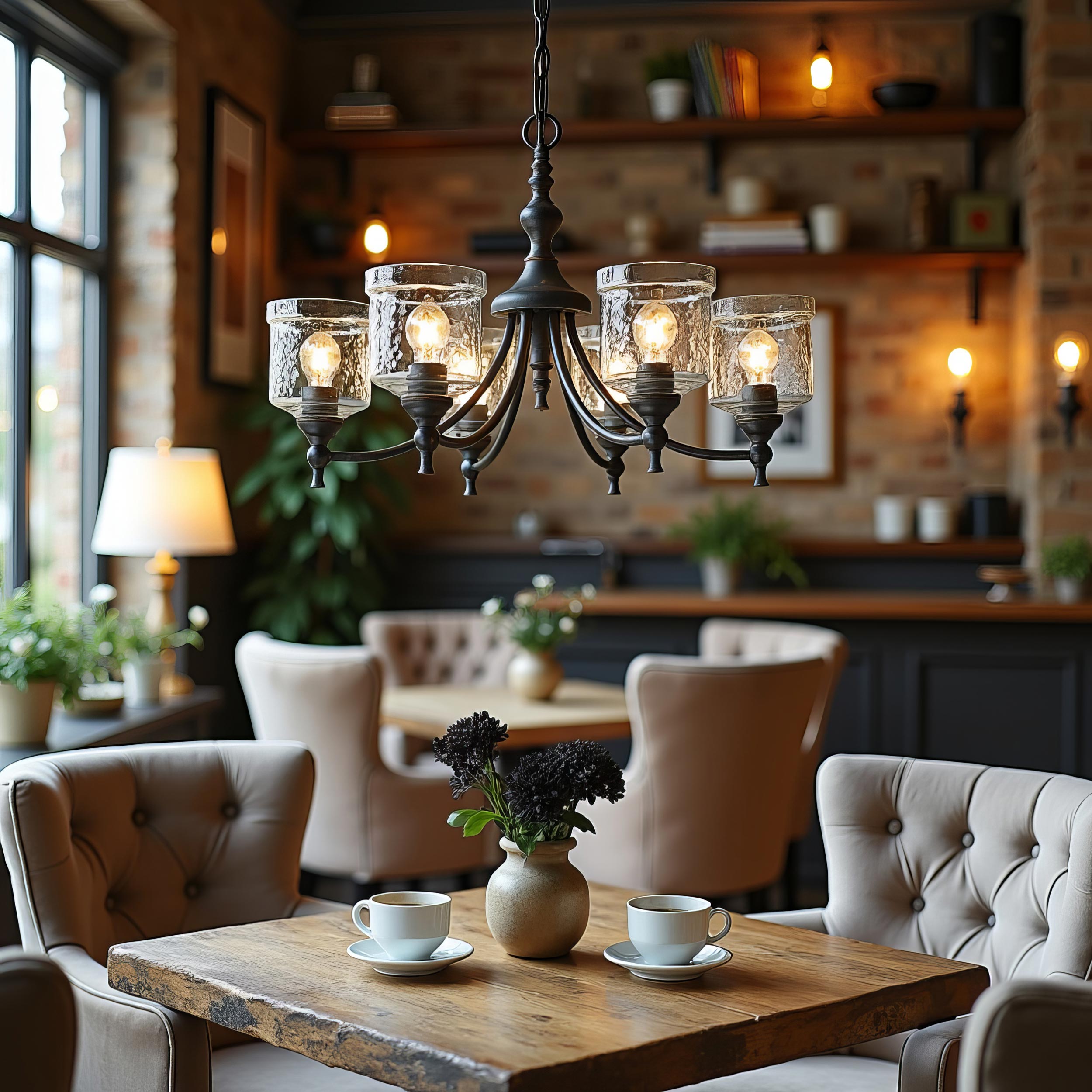 Keating 6 Light Chandelier in Antique Black Iron with Hammered Water Glass Shade - Default Title - Golden Lighting