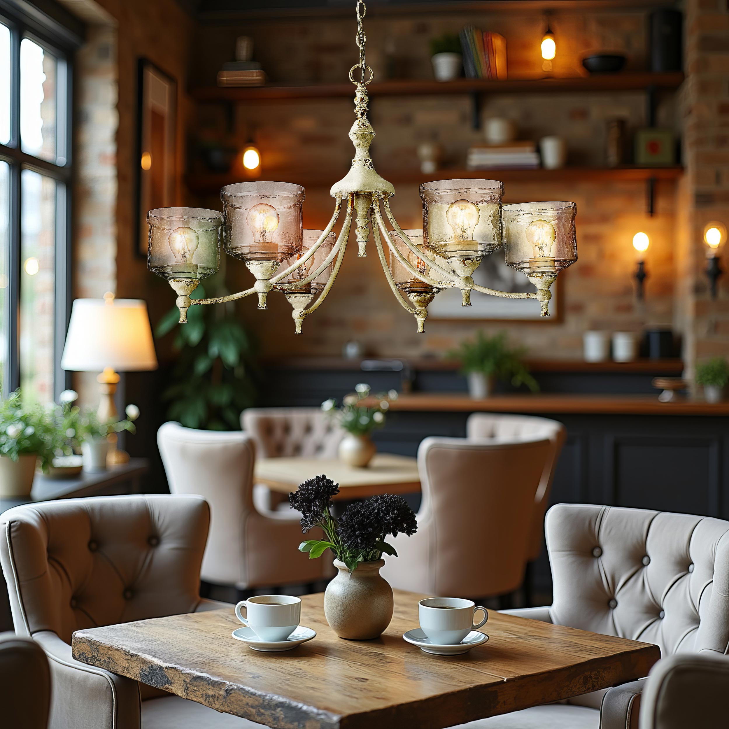 Keating 6 Light Chandelier in Antique Ivory with Hammered Water Glass Shade - Default Title - Golden Lighting