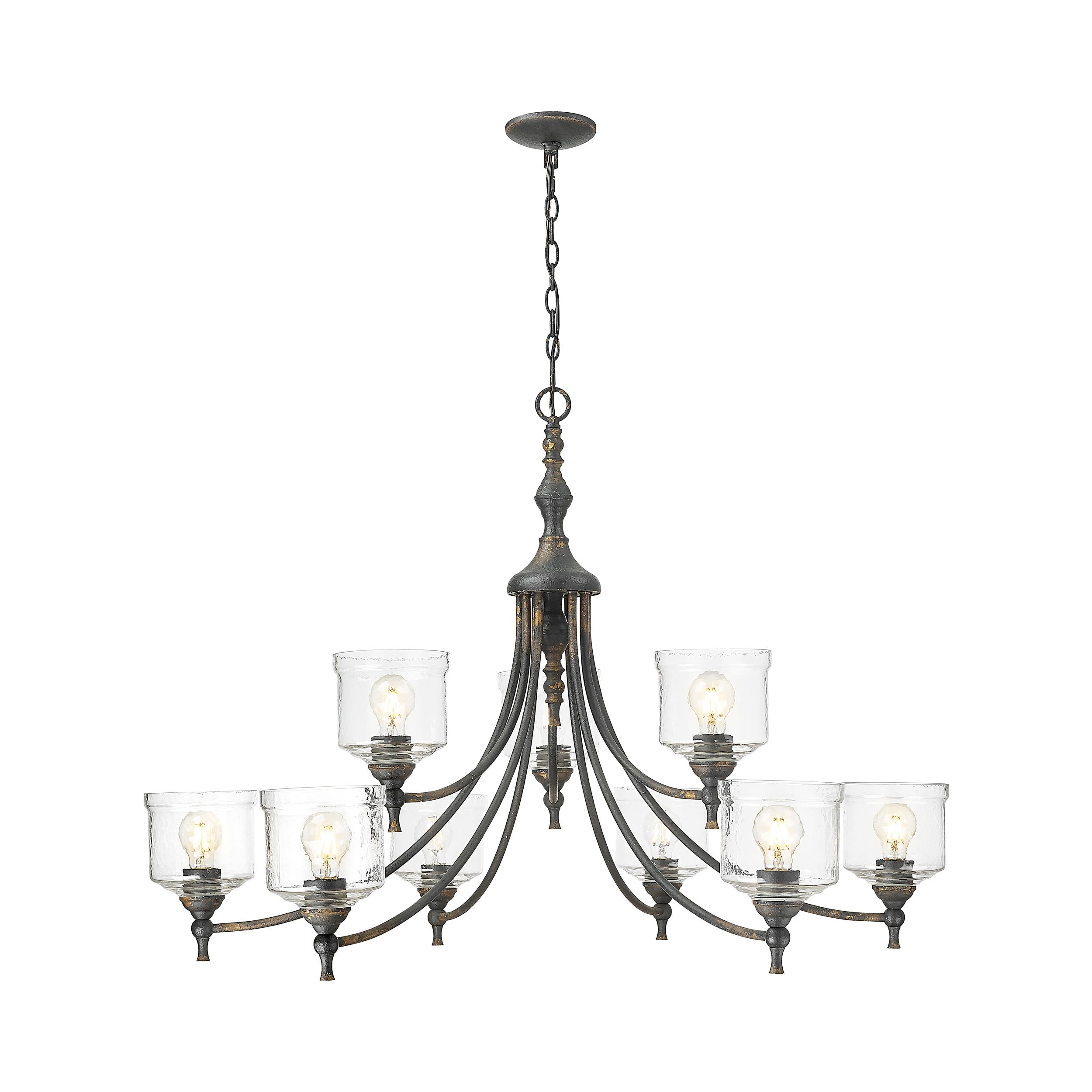 Keating 9 Light Chandelier in Antique Black Iron with Hammered Water Glass Shade - - Golden Lighting