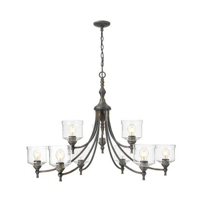 Keating 9 Light Chandelier in Antique Black Iron with Hammered Water Glass Shade - - Golden Lighting