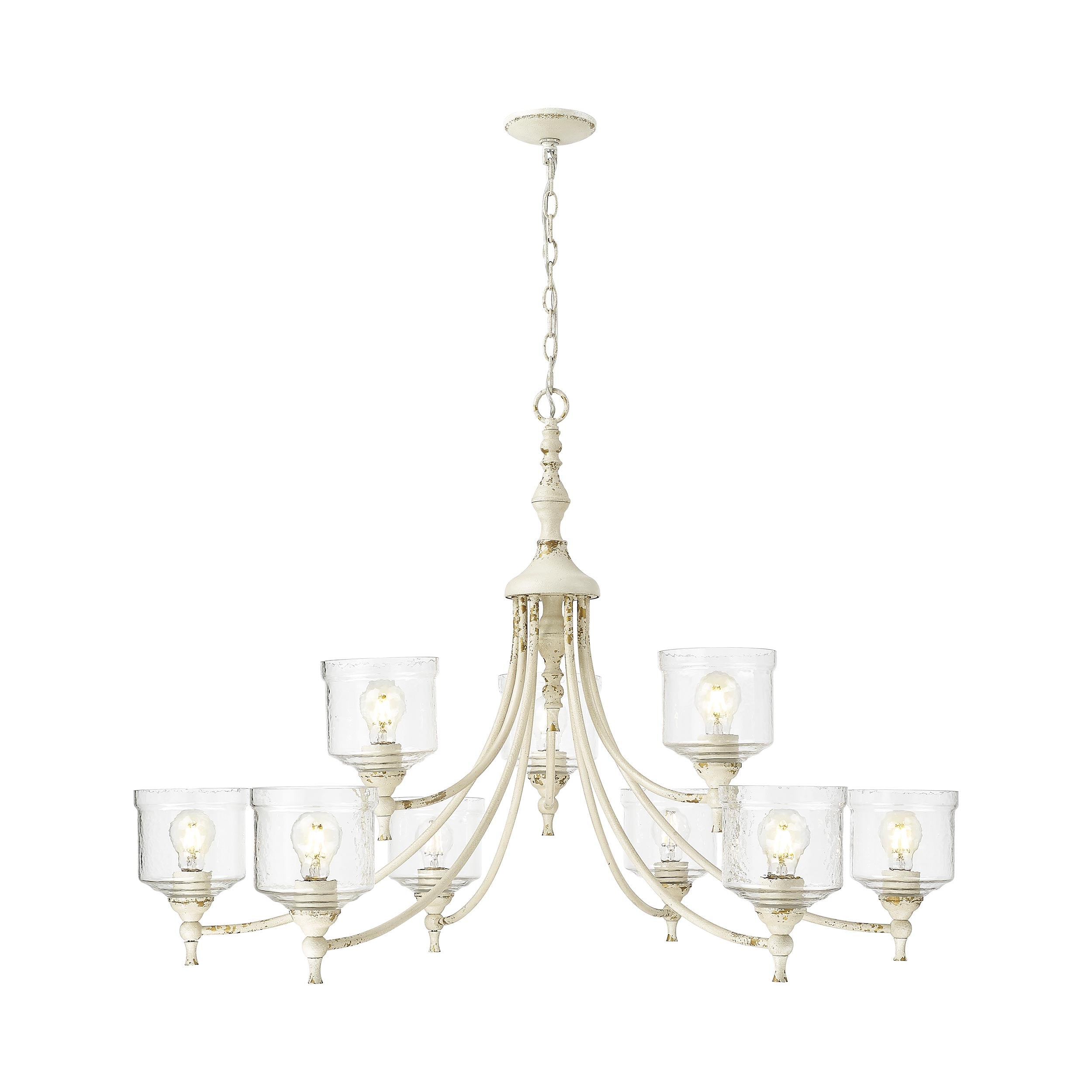 Keating 9 Light Chandelier in Antique Ivory with Hammered Water Glass Shade - - Golden Lighting