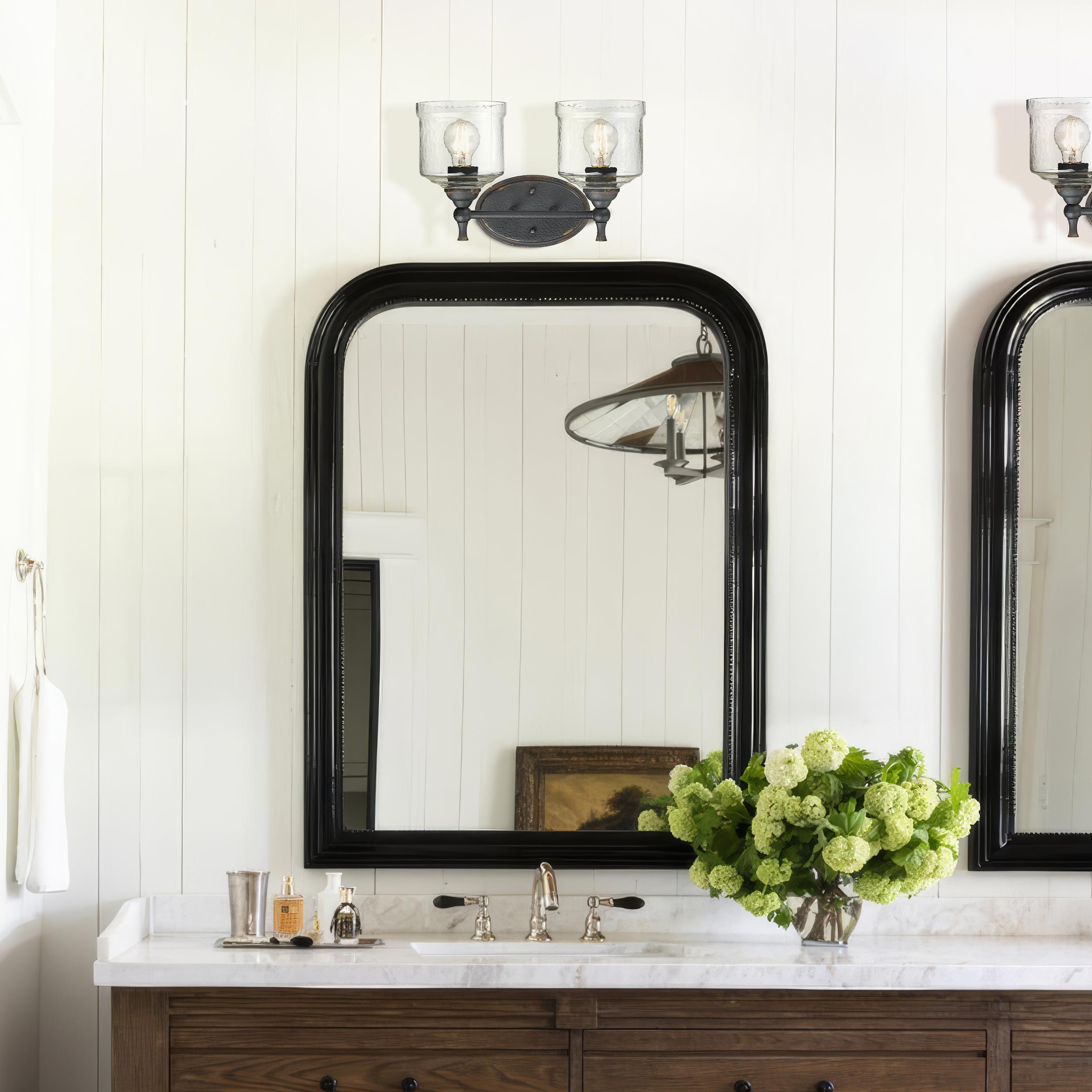 Keating 2 Light Bath Vanity in Antique Black Iron with Hammered Water Glass Shade - Default Title - Golden Lighting