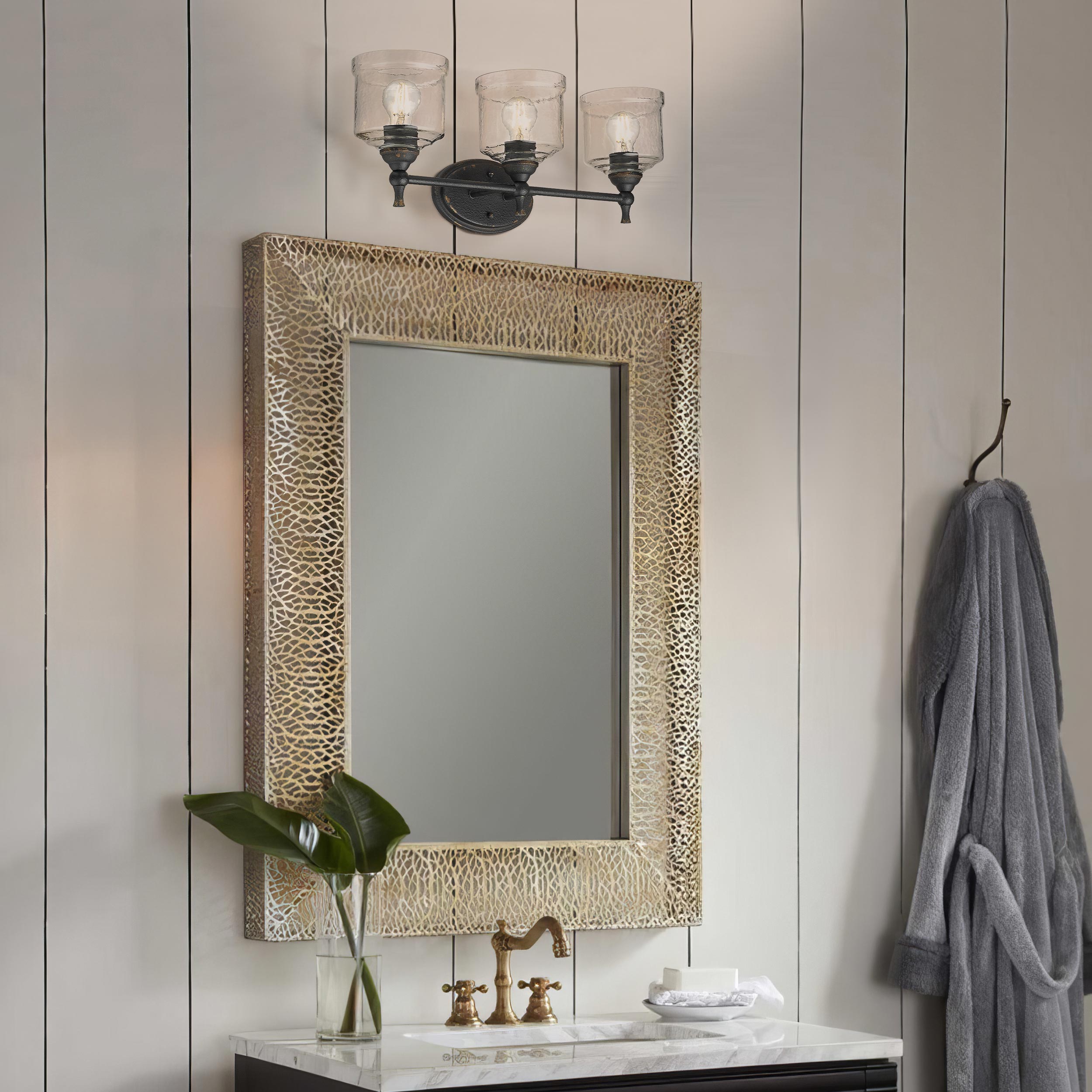 Keating 3 Light Bath Vanity in Antique Black Iron with Hammered Water Glass Shade - Default Title - Golden Lighting