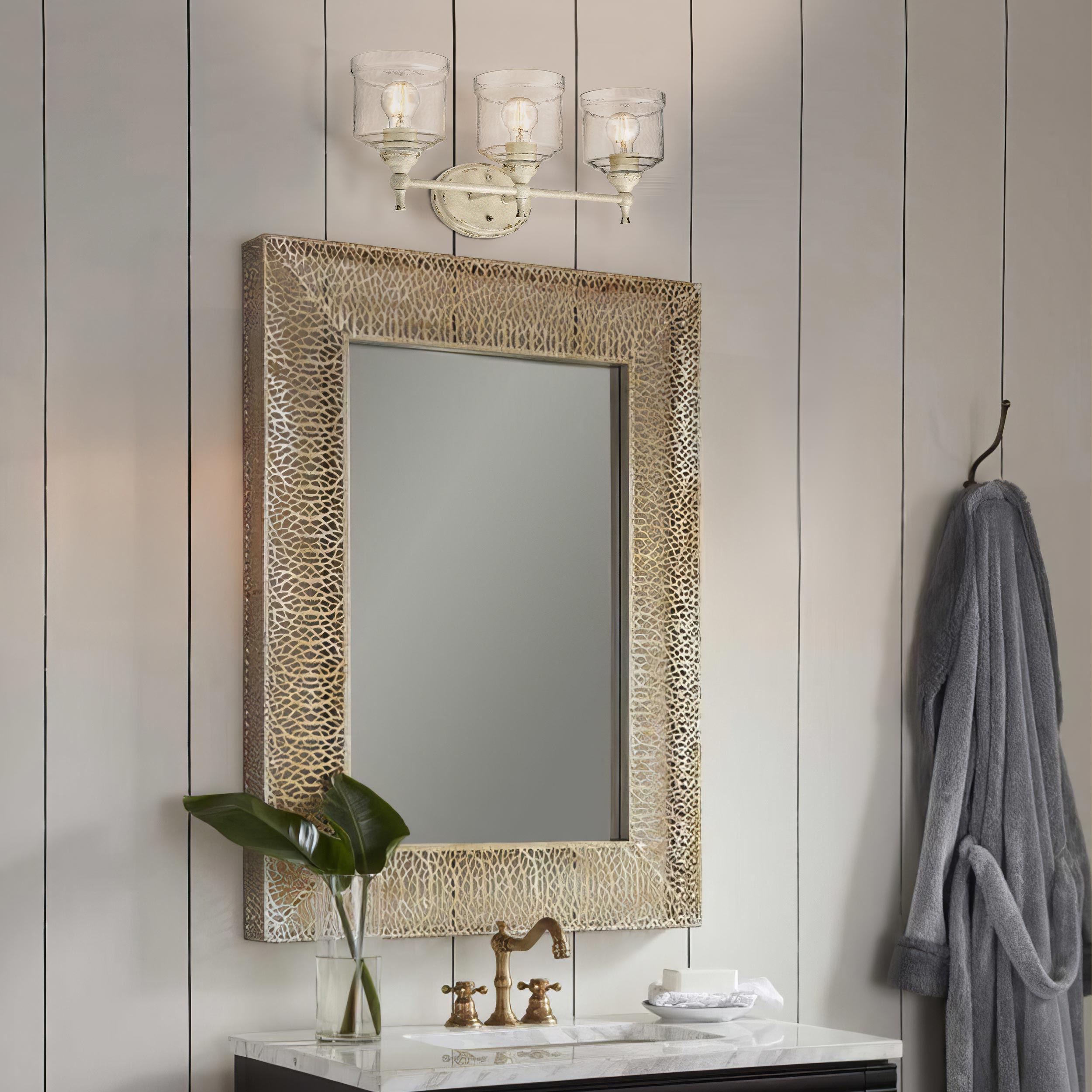Keating 3 Light Bath Vanity in Antique Ivory with Hammered Water Glass Shade - Default Title - Golden Lighting