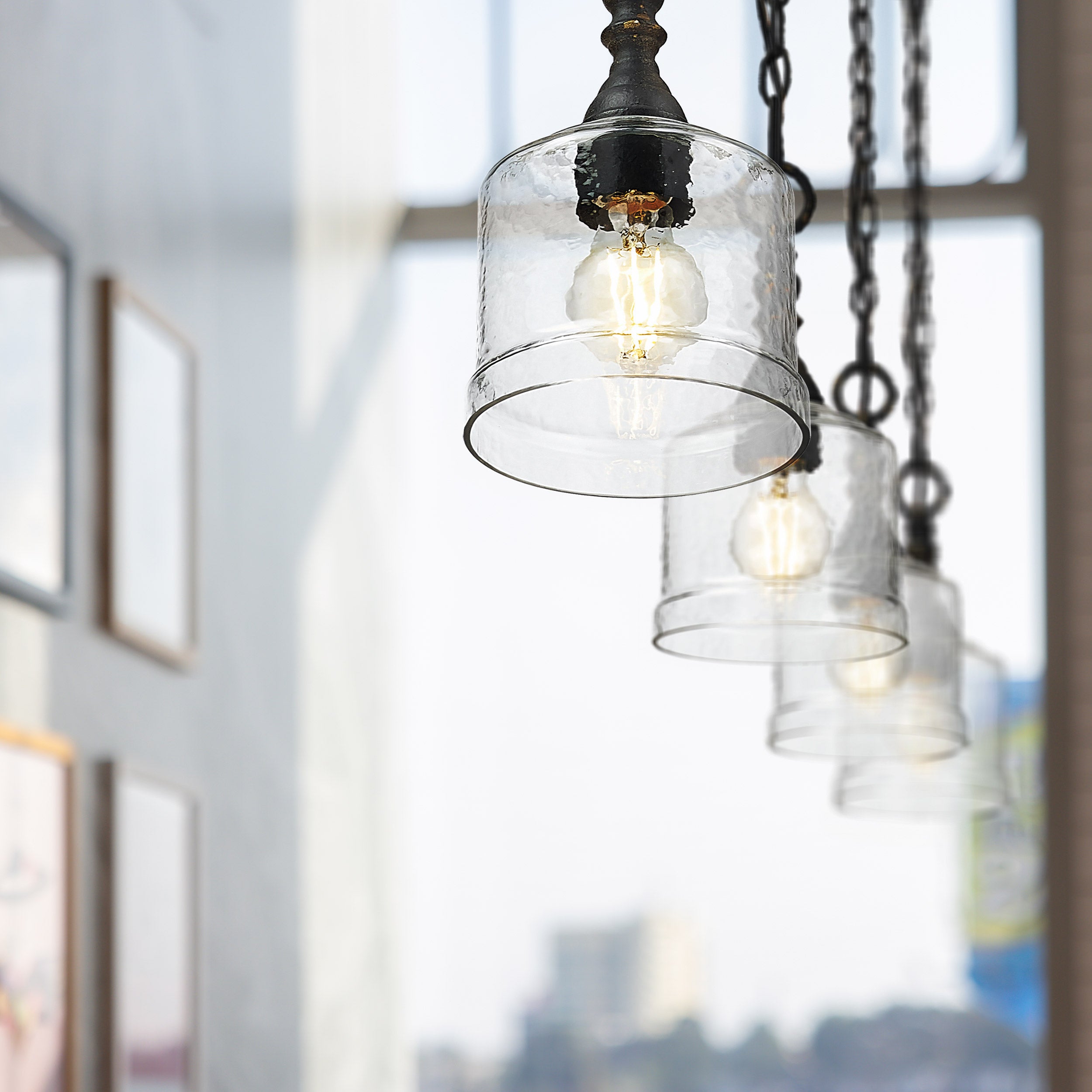 Keating Mini Pendant in Antique Black Iron with Hammered Water Glass Shade - Default Title - Golden Lighting