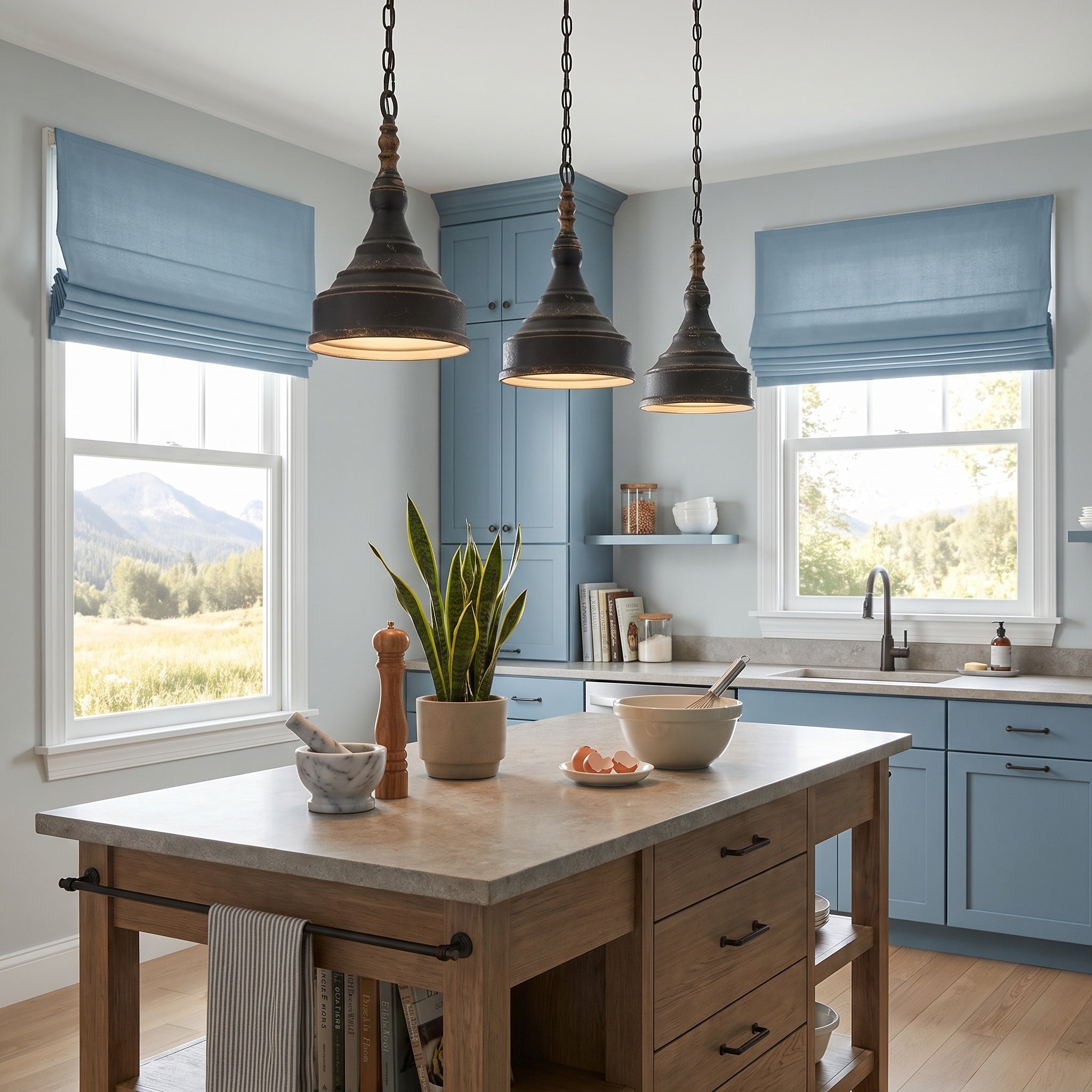 Keating 1-light Pendant in Antique Black Iron, AI-visualized room scene - Golden Lighting