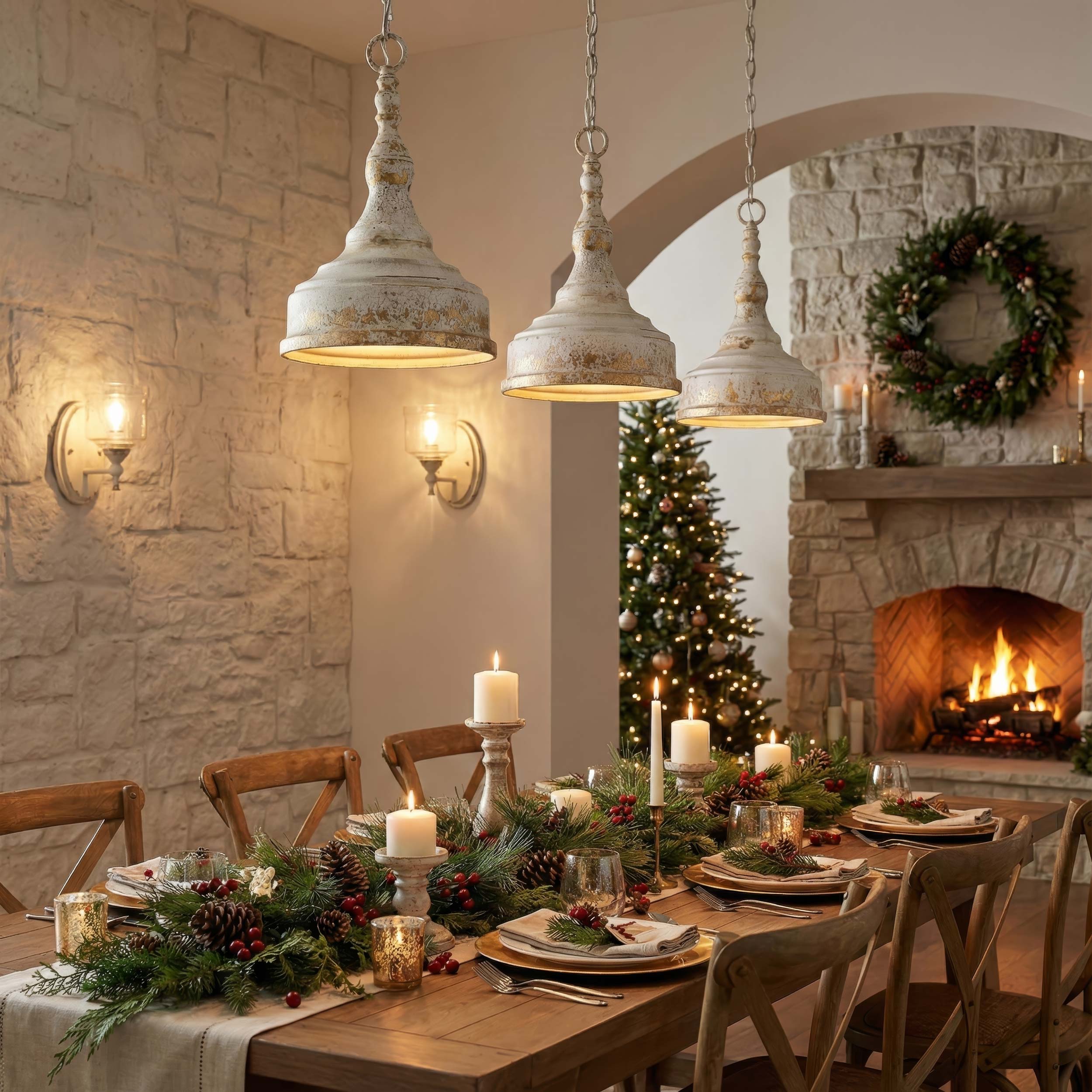 Dining room with a Christmas tree, fireplace, and decorated table. Keating pendants in antique ivory and wall sconces featuring hammered water glass set the mood.