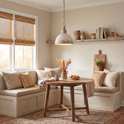 Alison 1-light Pendant in Vintage Gold and Antique Ivory shade, AI-visualized room scene - Golden Lighting