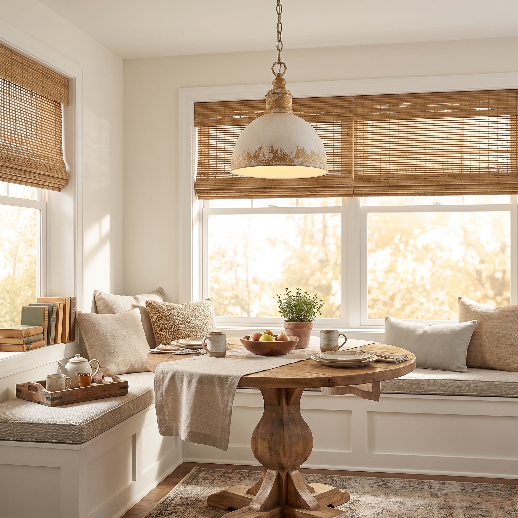 Alison 1-light Pendant in Vintage Gold, AI-visualized breakfast nook scene - Golden Lighting