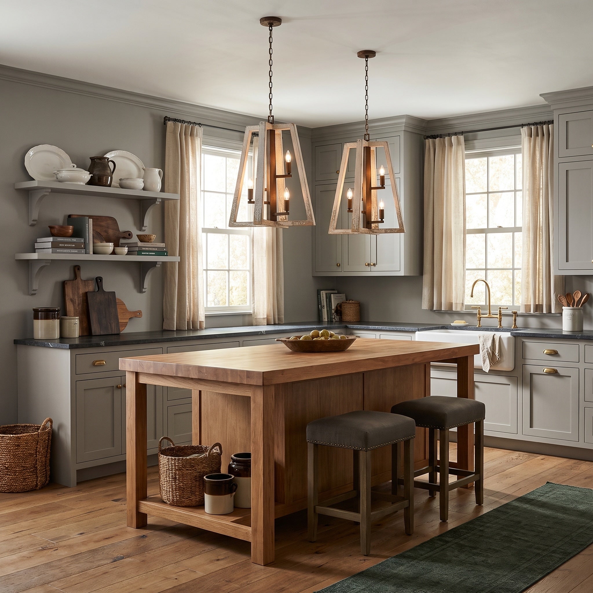 Pilar 4-light Pendant in Burnished Chestnut, AI-visualized room scene - Golden Lighting