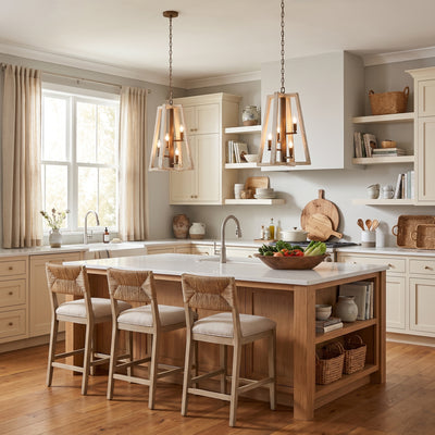 Pilar 4-light Pendant in Burnished Chestnut, AI-visualized breakfast nook scene - Golden Lighting