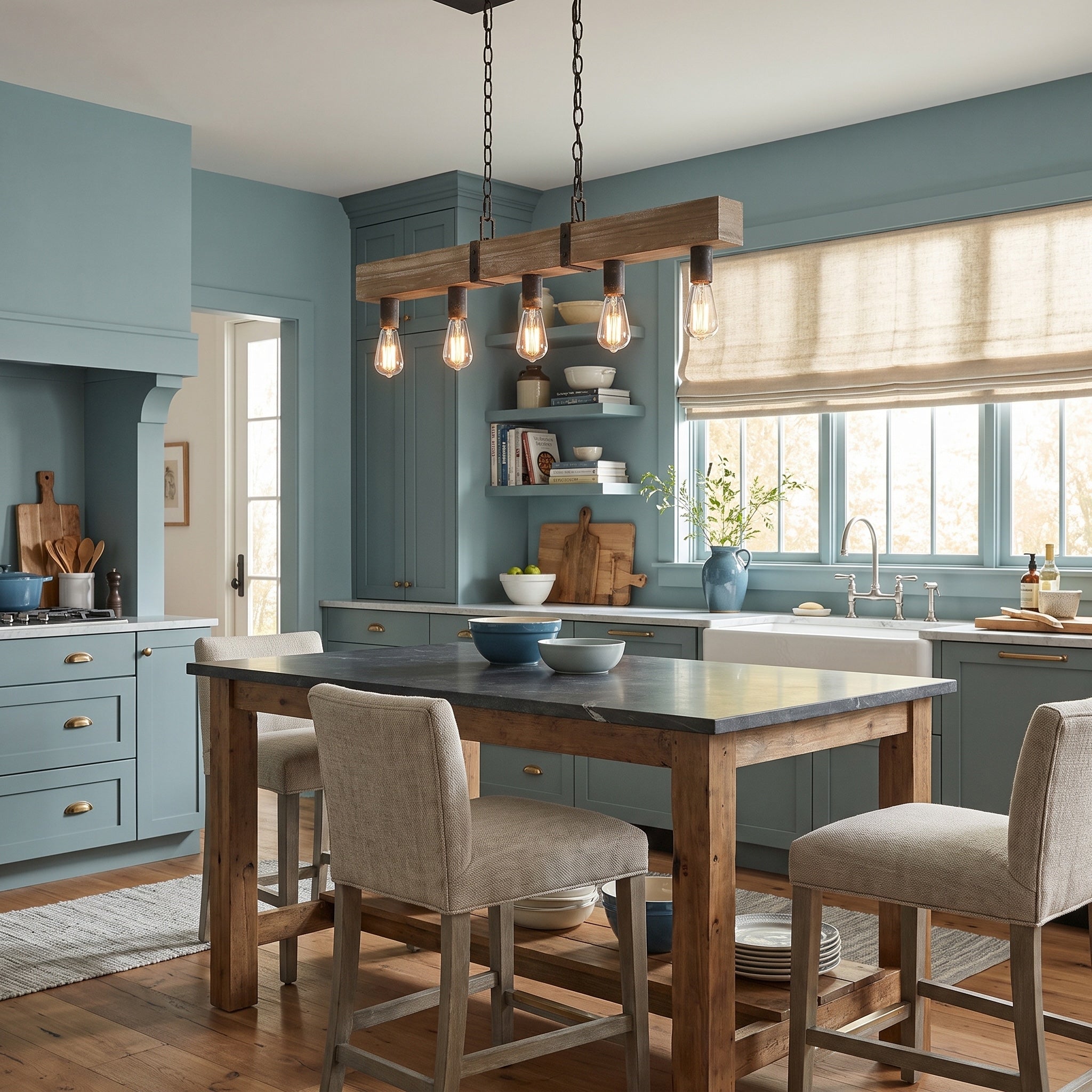 Garrett 5-light Island Light in Antique Black Iron, AI-visualized kitchen scene - Golden Lighting