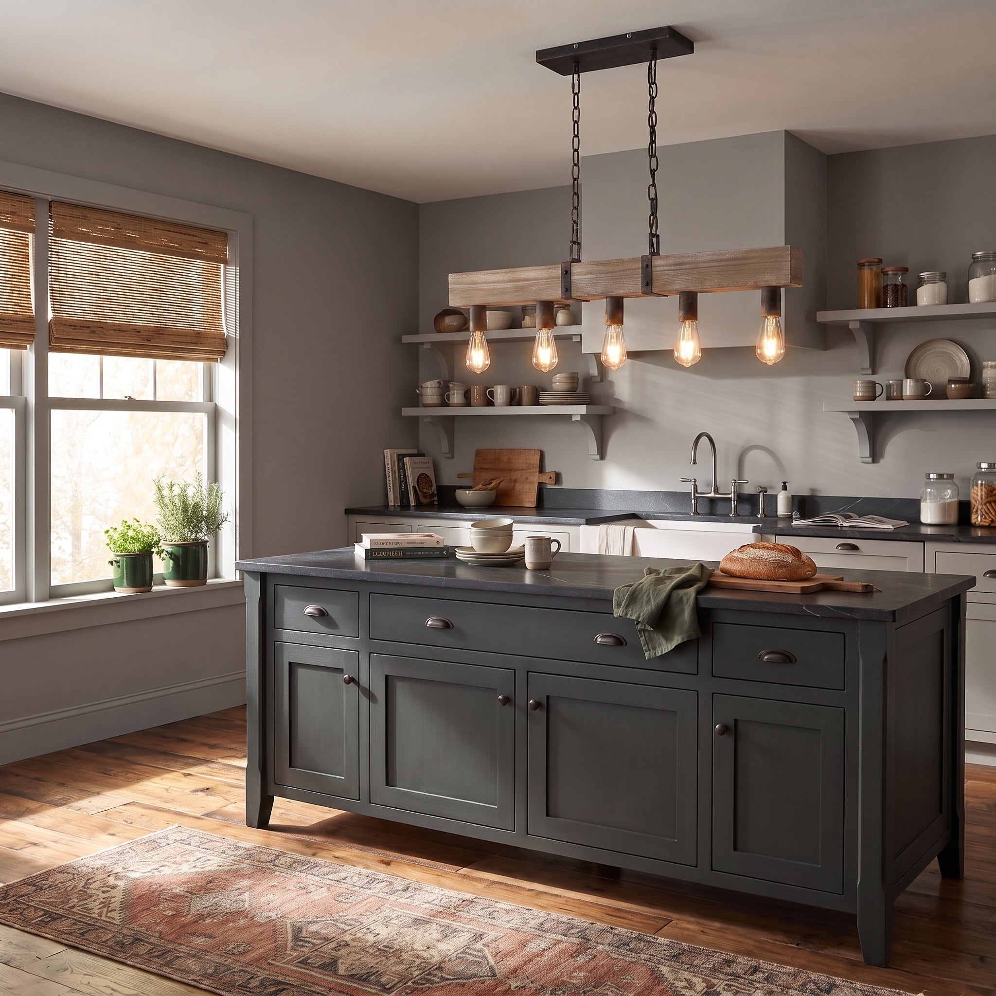 Garrett 5-light Island Light in Antique Black Iron, AI-visualized room scene - Golden Lighting