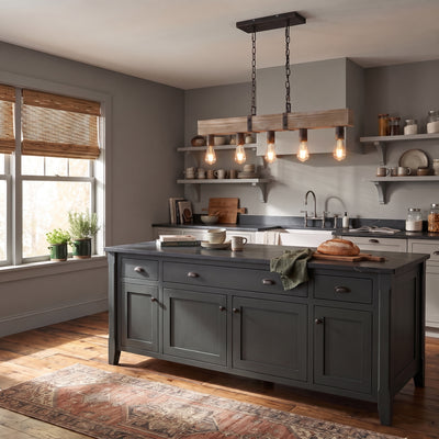 Garrett 5-light Island Light in Antique Black Iron, AI-visualized room scene - Golden Lighting