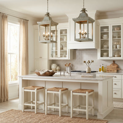 Finley 4-light Pendant in Vintage Sage, AI-visualized kitchen scene - Golden Lighting