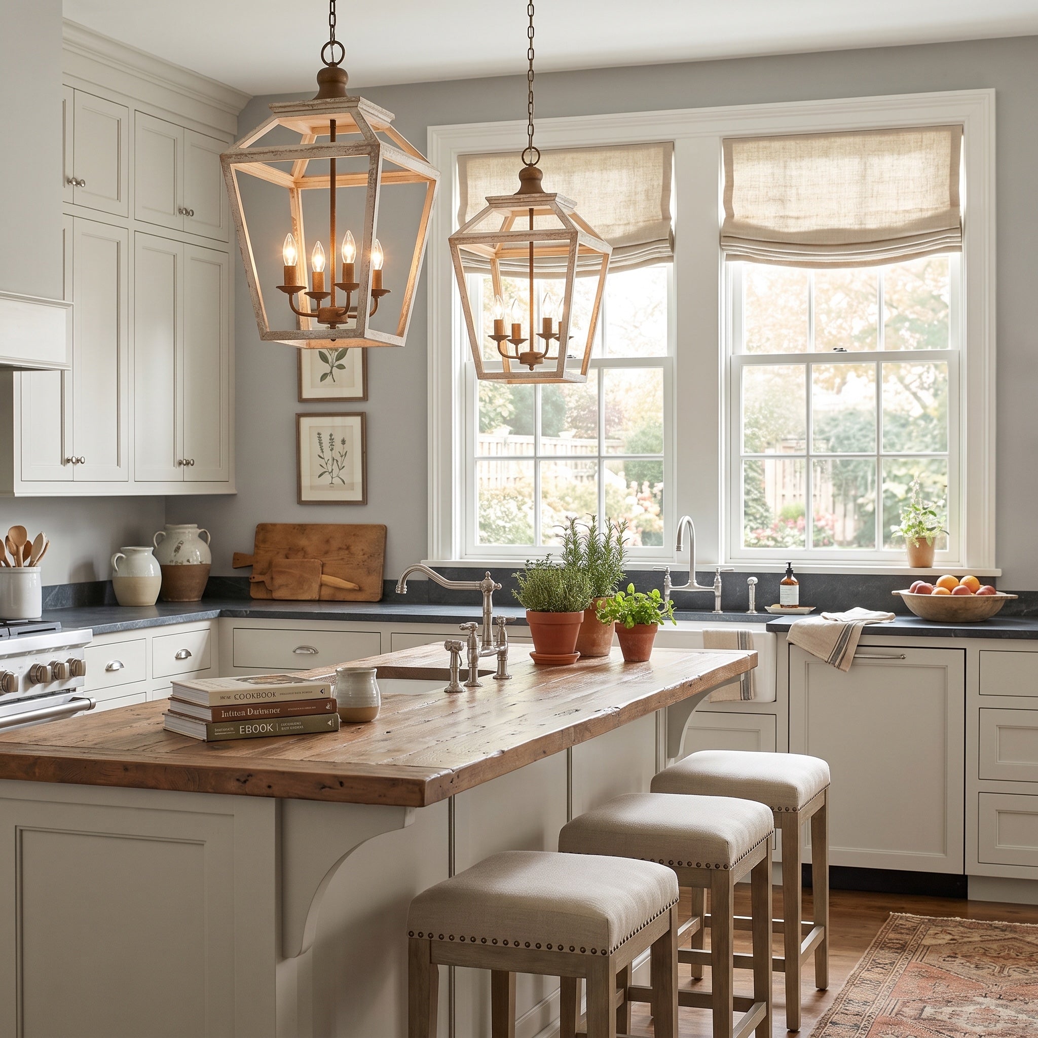 Haiden 4-light Pendant in Burnished Chestnut, AI-visualized breakfast nook scene - Golden Lighting