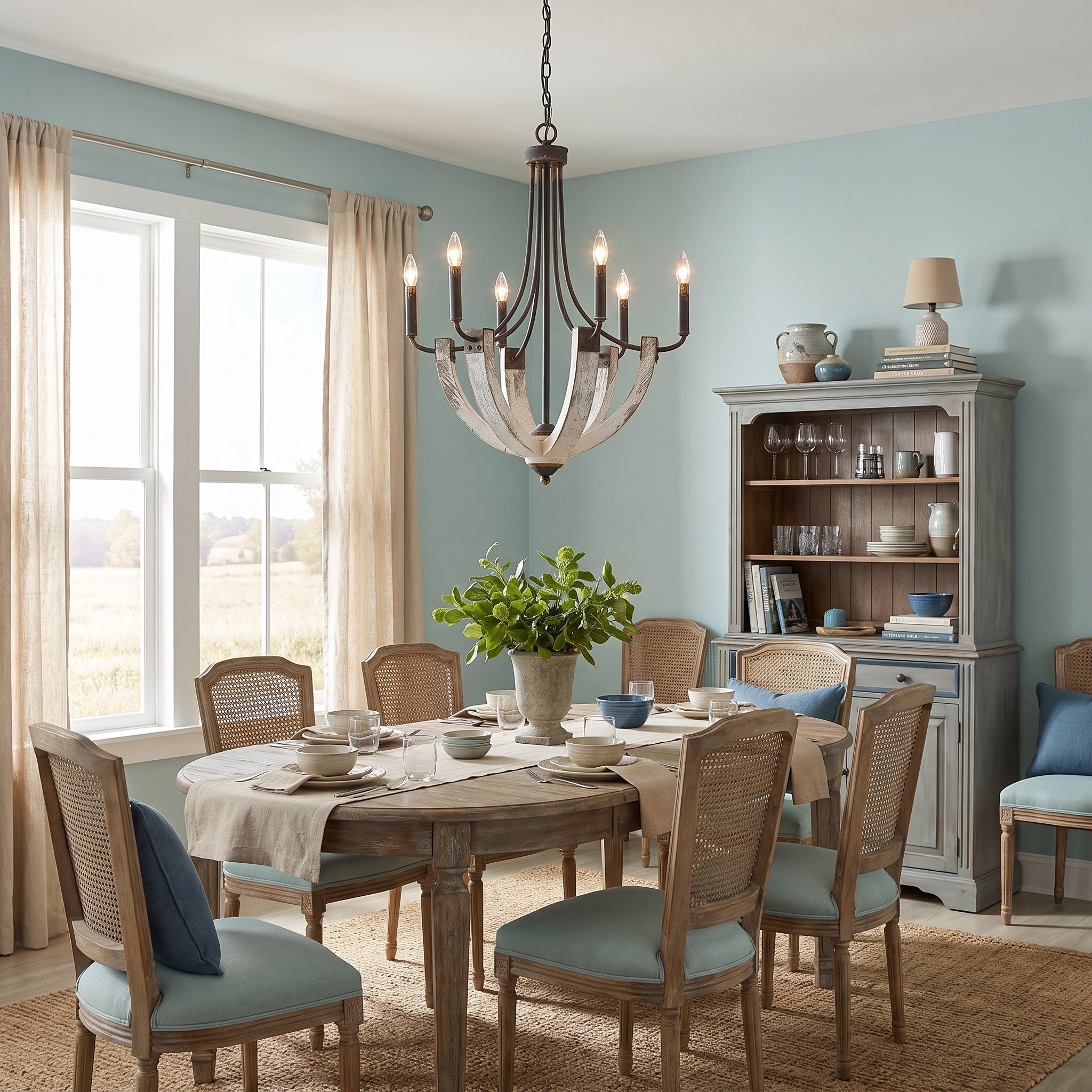 Elwood 6-light Chandelier in Antique Black Iron, AI-visualized dining room scene - Golden Lighting