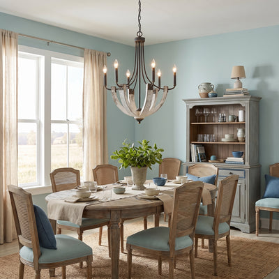 Elwood 6-light Chandelier in Antique Black Iron, AI-visualized dining room scene - Golden Lighting