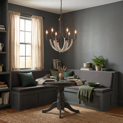 Elwood 6-light Chandelier in Antique Black Iron, AI-visualized breakfast nook scene - Golden Lighting
