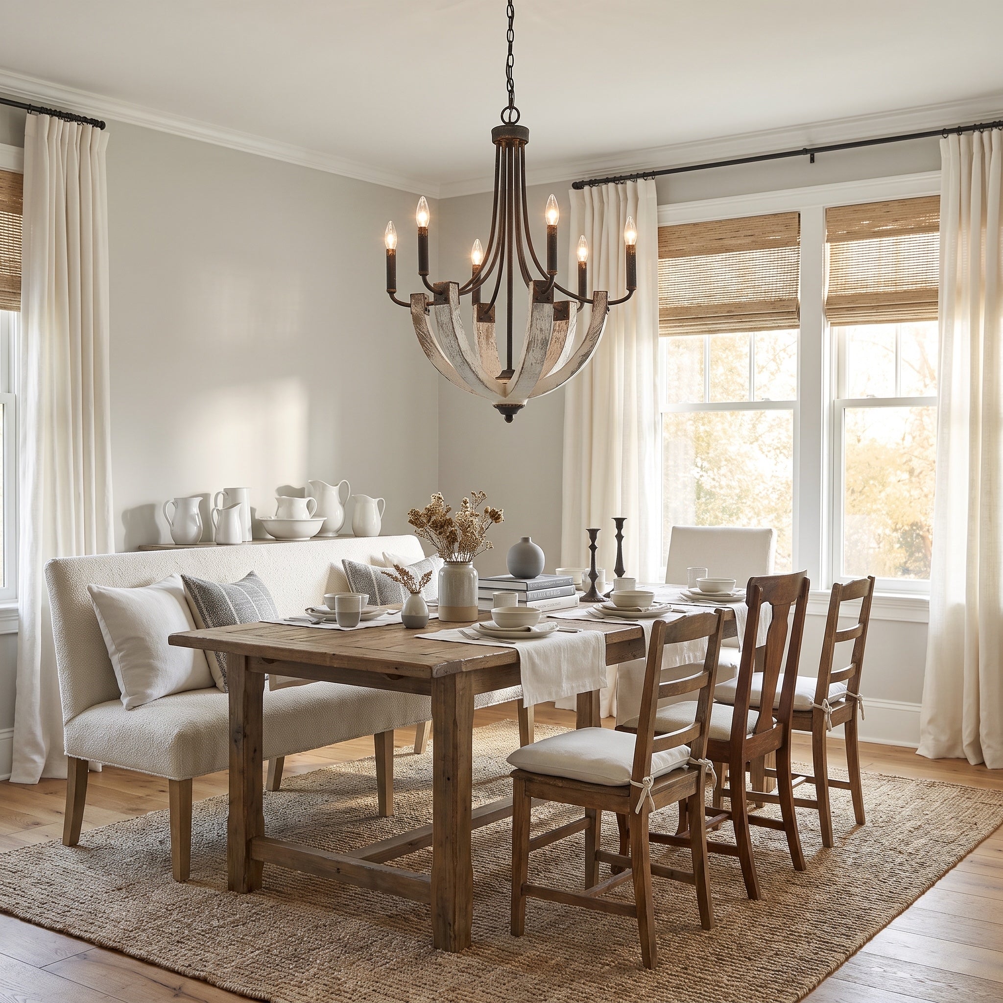 Elwood 6-light Chandelier in Antique Black Iron, AI-visualized dining room scene - Golden Lighting