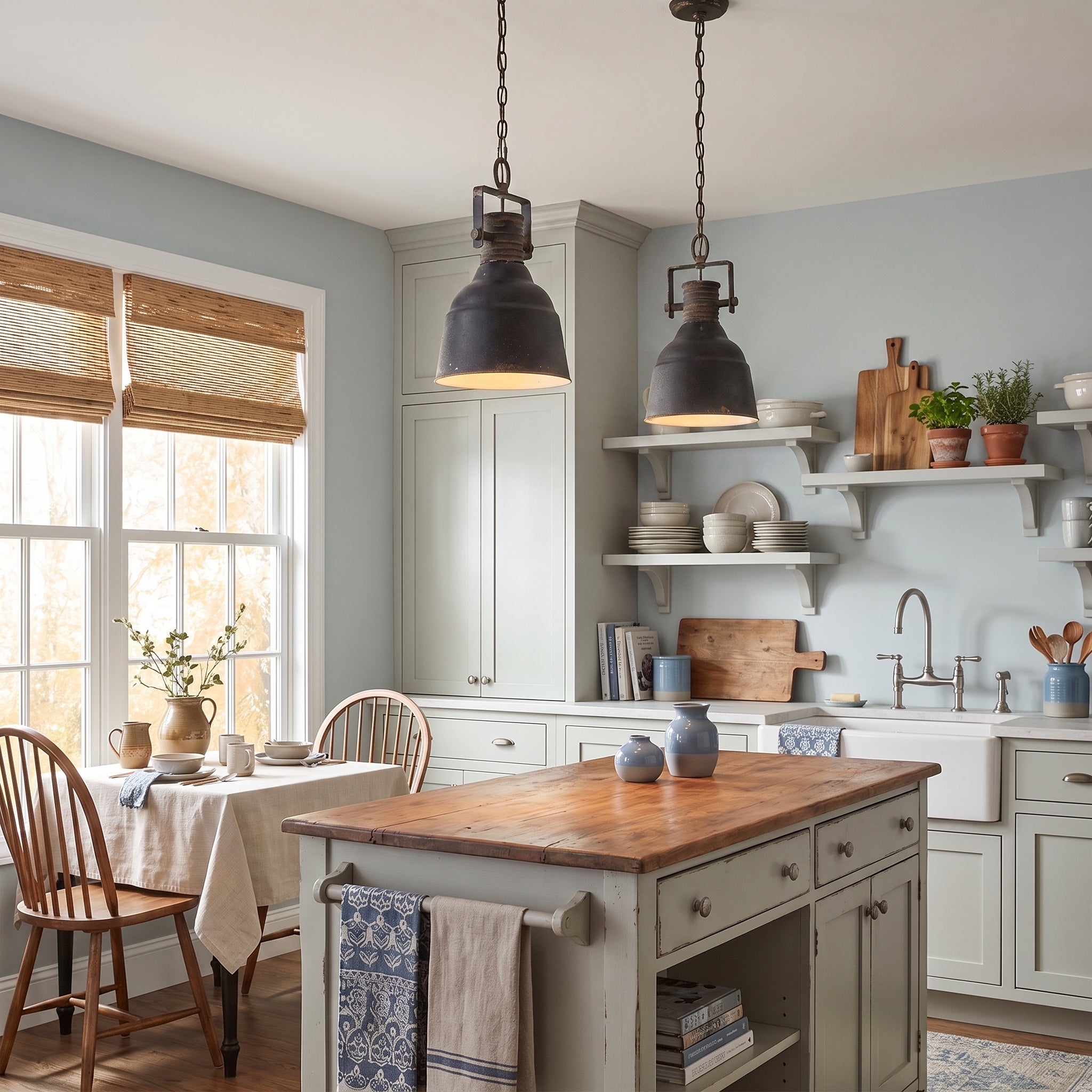Quarry 1-light Pendant in Antique Black Iron, AI-visualized room scene - Golden Lighting