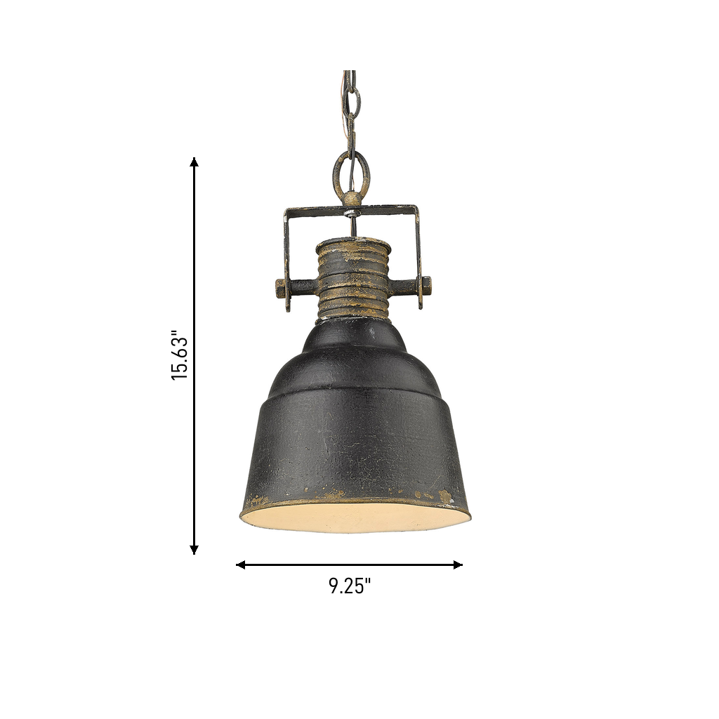 Quarry 1-light Pendant in Antique Black Iron, dimensions diagram - Golden Lighting