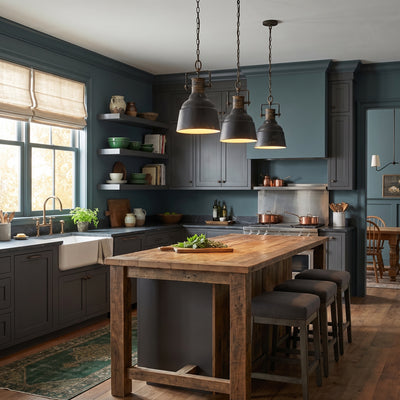 Quarry 1-light Pendant in Antique Black Iron, AI-visualized kitchen scene - Golden Lighting