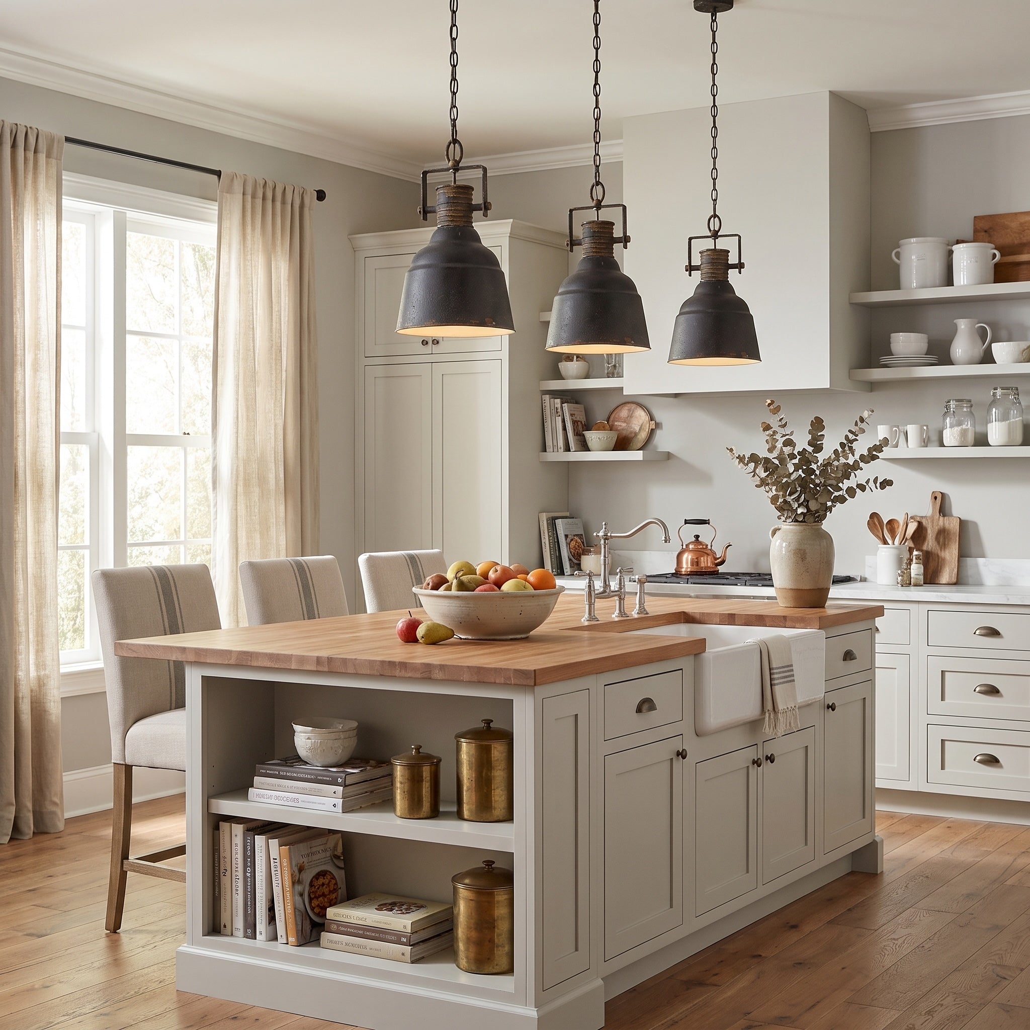 Quarry 1-light Pendant in Antique Black Iron, AI-visualized breakfast nook scene - Golden Lighting