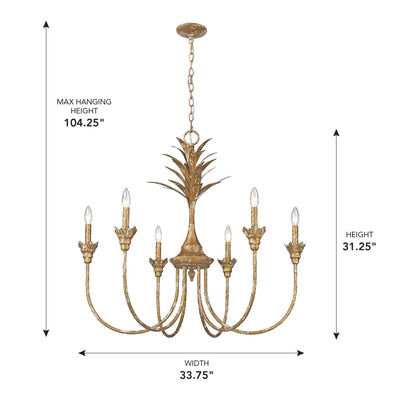 Lillianne 6-light Chandelier in Heirloom Gold dimensional hanging height - Golden Lighting