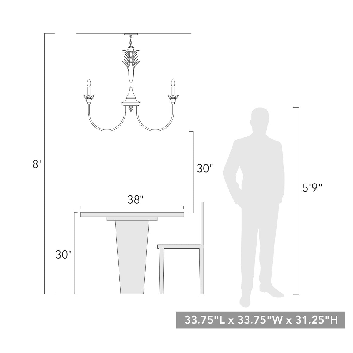 Lillianne 6-light Chandelier in Heirloom Gold scale drawing - Golden Lighting