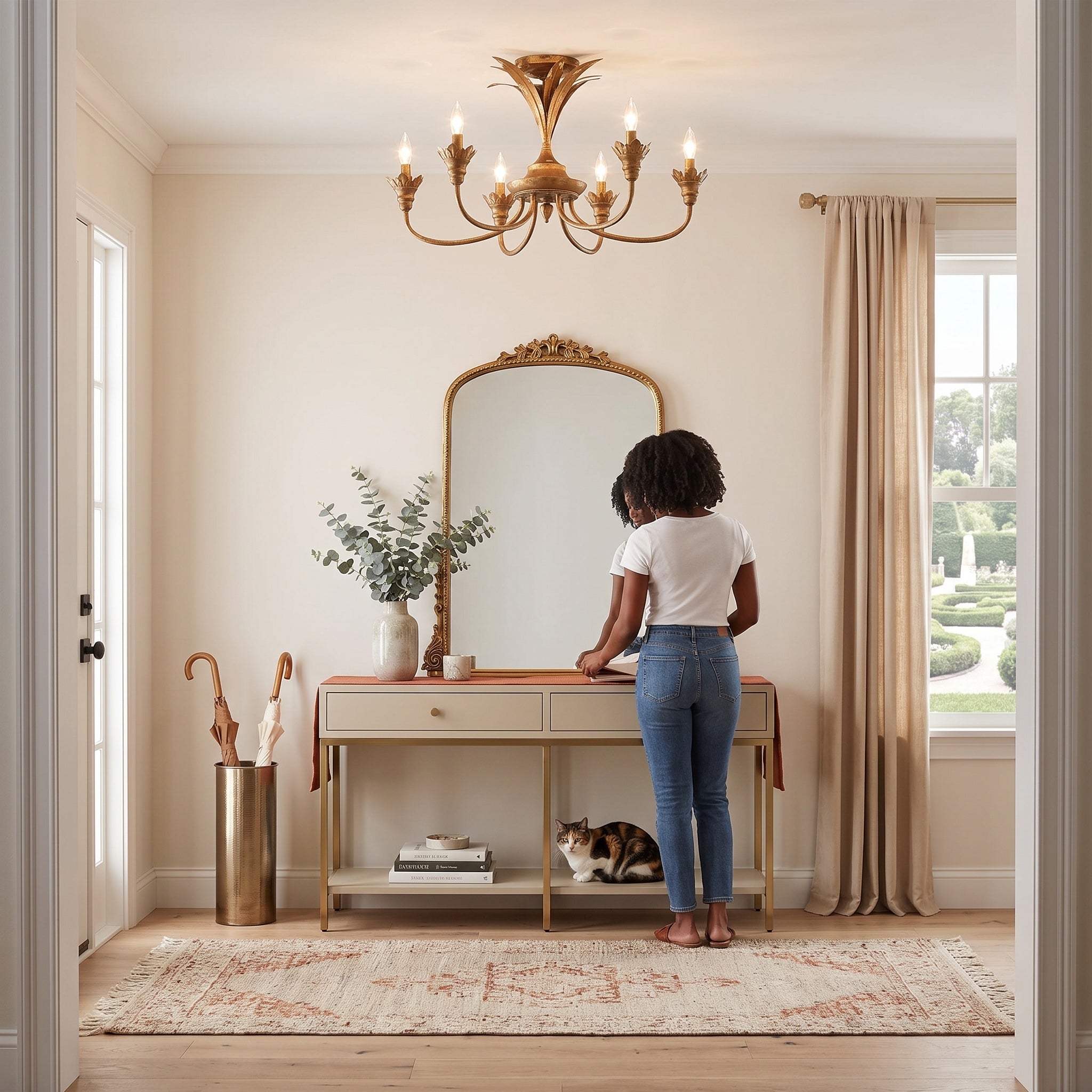 Lillianne 6-light Semi-Flush Mount in Heirloom Gold, AI-visualized entryway scene - Golden Lighting (with person and cat)