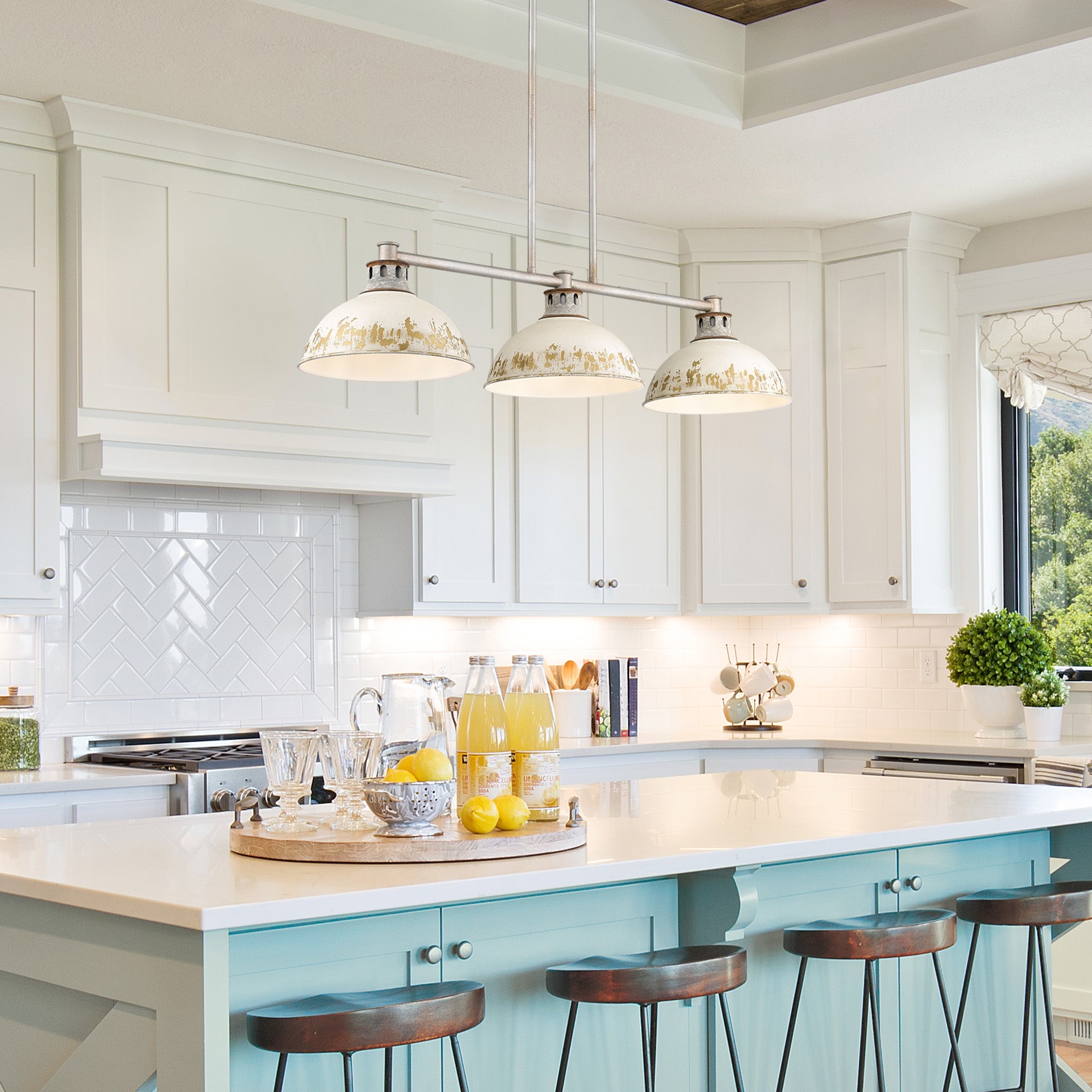 Kinsley Linear Pendant in Aged Galvanized Steel with Antique Ivory Shade - Default Title - Golden Lighting